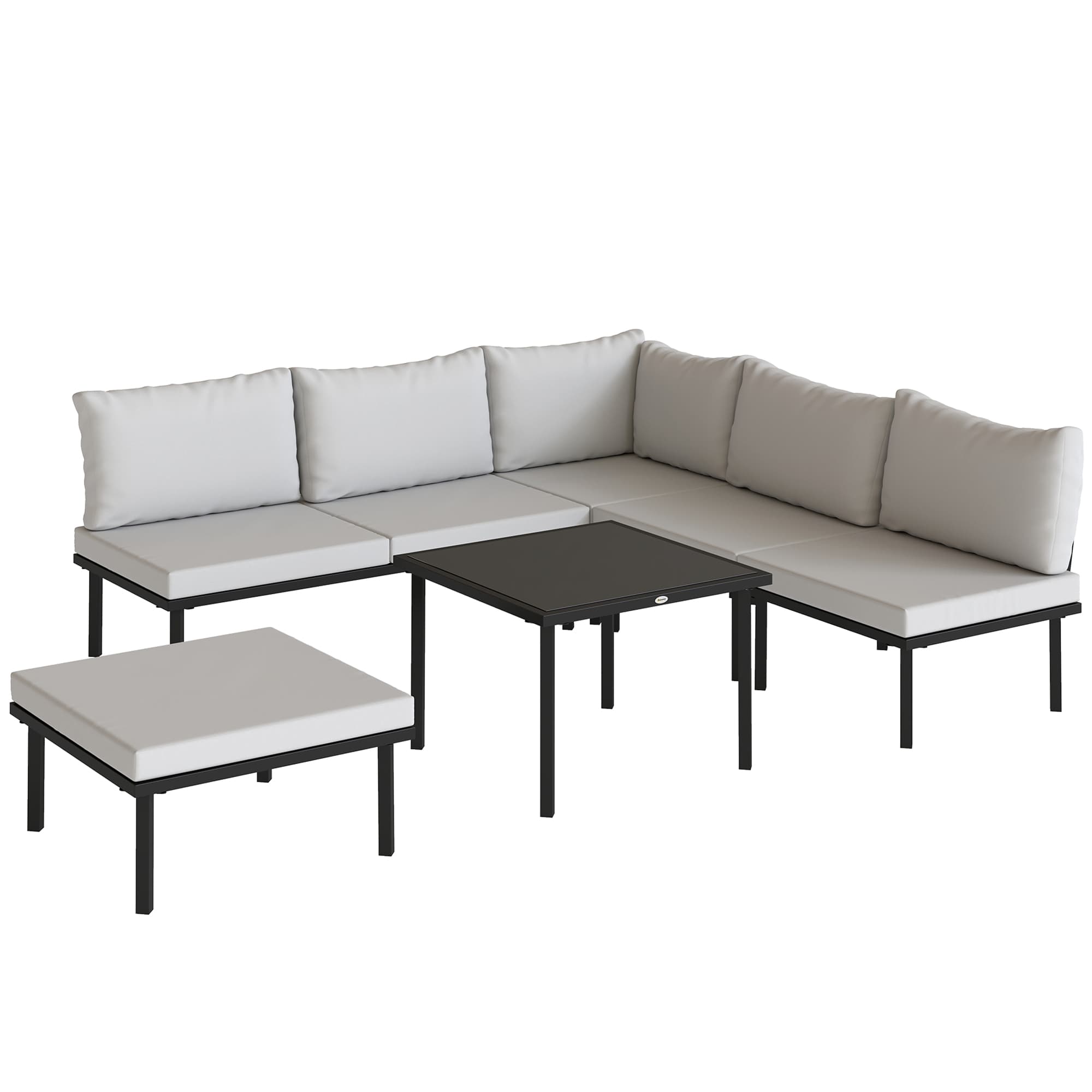 Outsunny Salon de jardin extérieur d'angle modulable 6 personnes, table basse avec plateau en verre trempé, gris clair