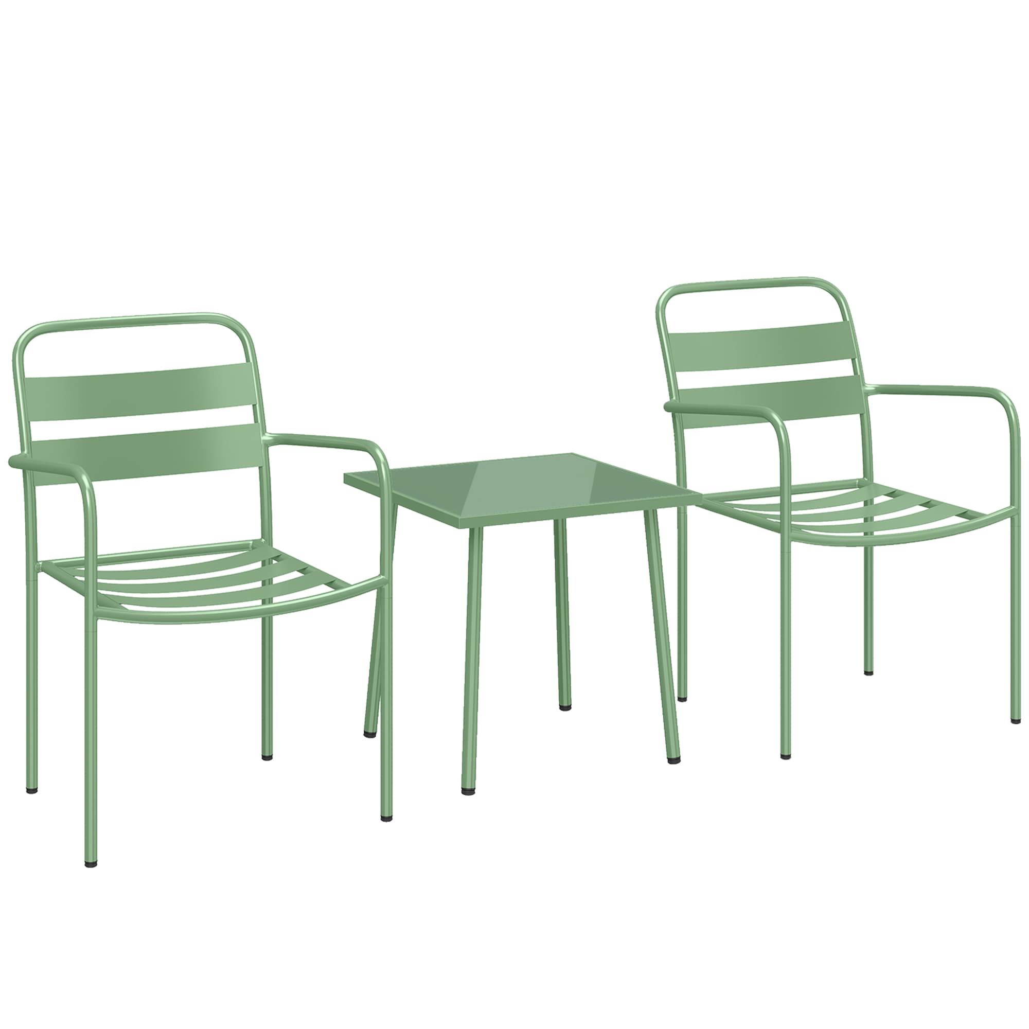 Outsunny Ensemble bistrot de jardin 3 pièces - table basse en verre trempé et 2 chaises à lattes, cadre en acier galvanisé, vert