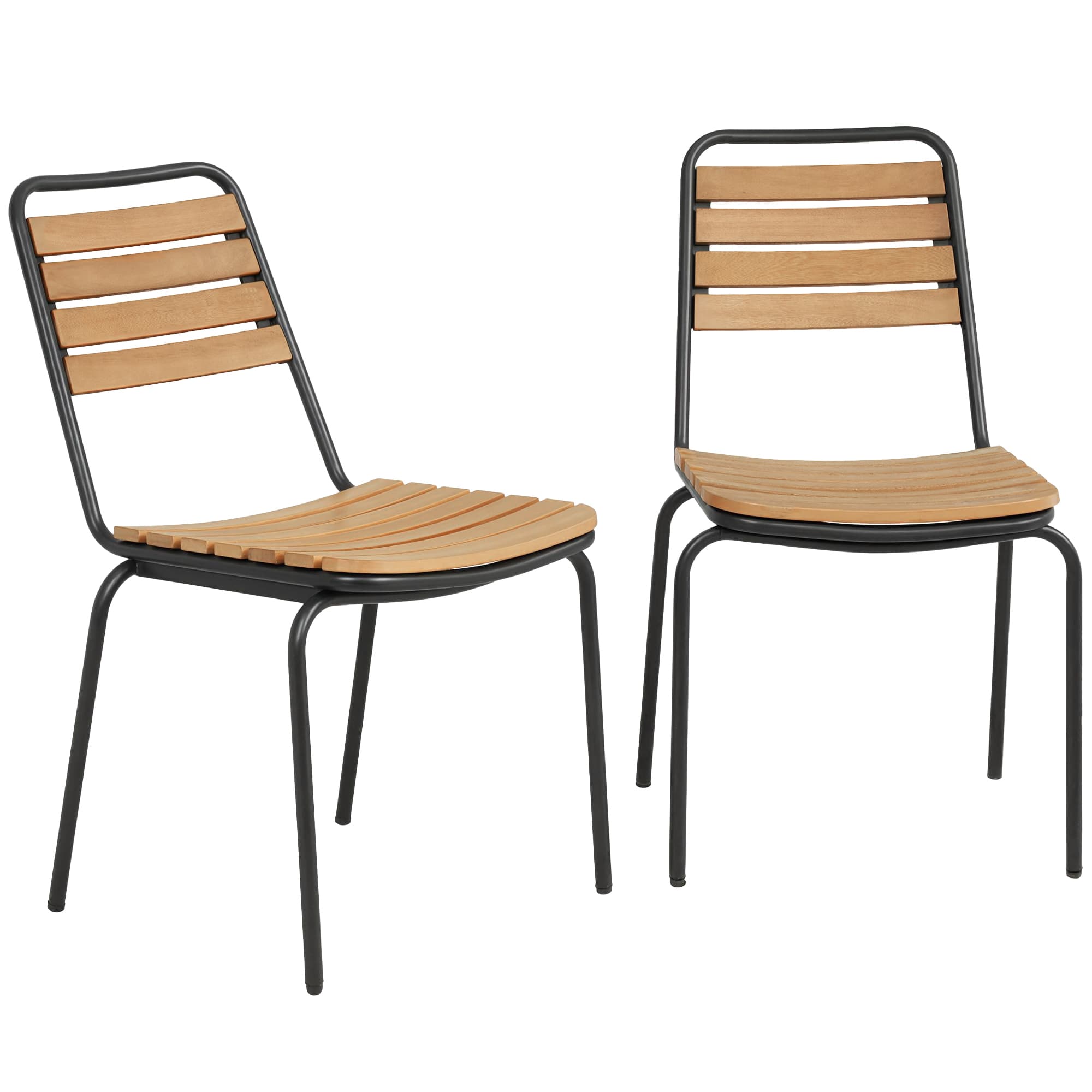 Outsunny Lot de 2 Chaises de Jardin Empilables, Assise et Dossier en Bois Massif à Lattes, Cadre en Acier, 61x47x81cm, Naturel