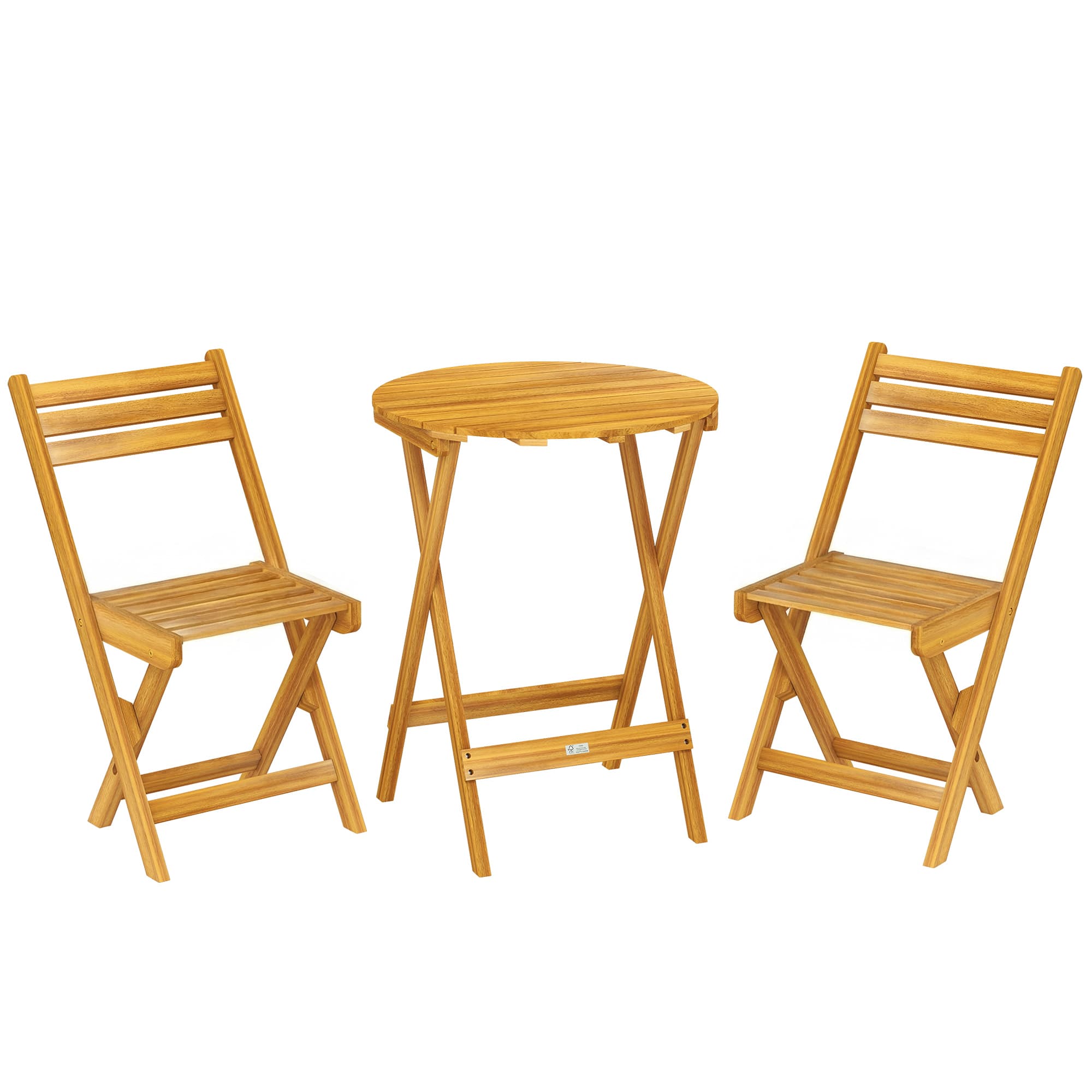 Outsunny Ensemble de Bistrot 3 Pièces Pliable en Bois d'Acacia avec Table Ronde et 2 Chaises, san Montage, 60x60x75cm, Naturel