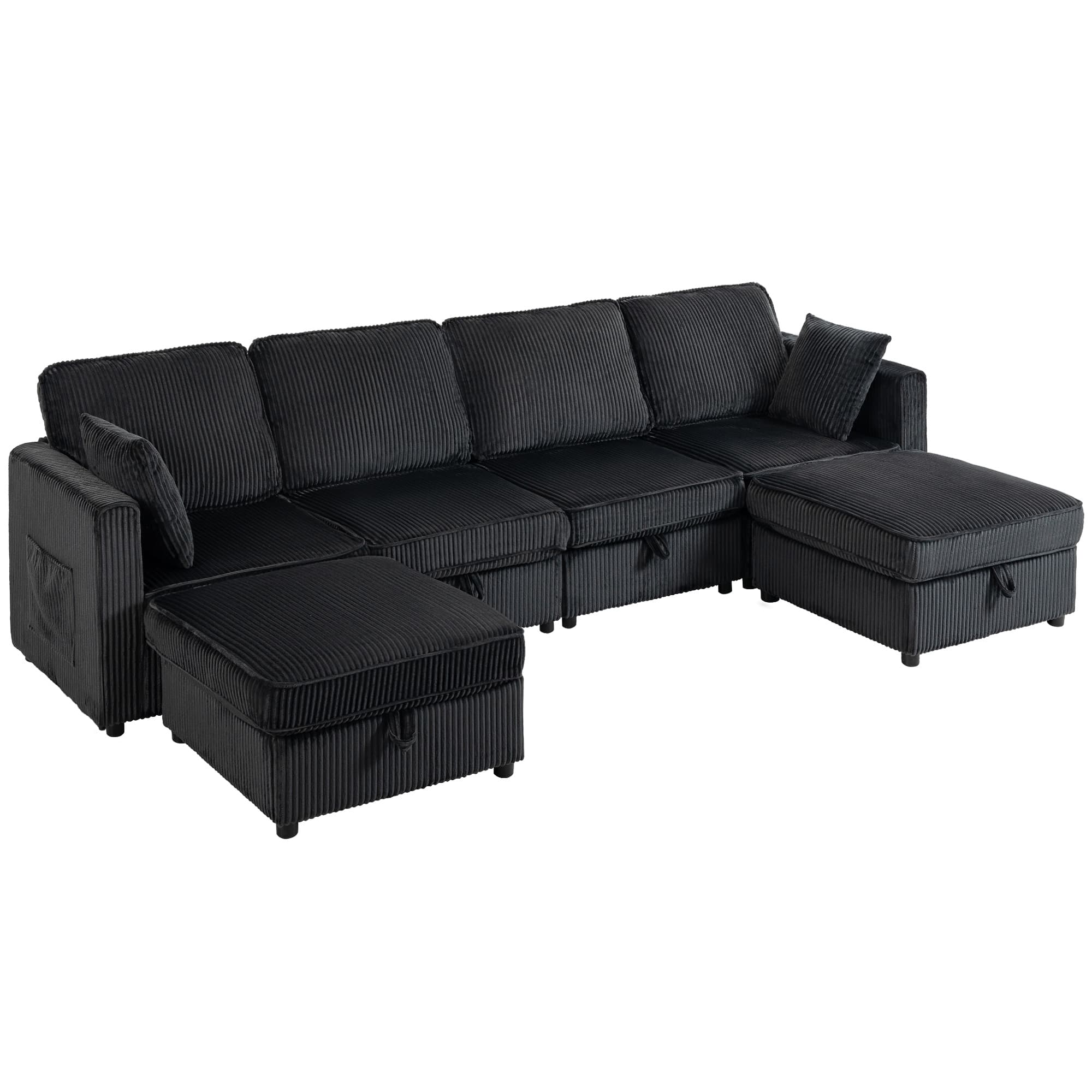 HOMCOM Canapé d'angle 4 places en U avec ottoman de rangement, canapé d'angle 306 cm aspect velours côtelé, 4 coussins, pour salon