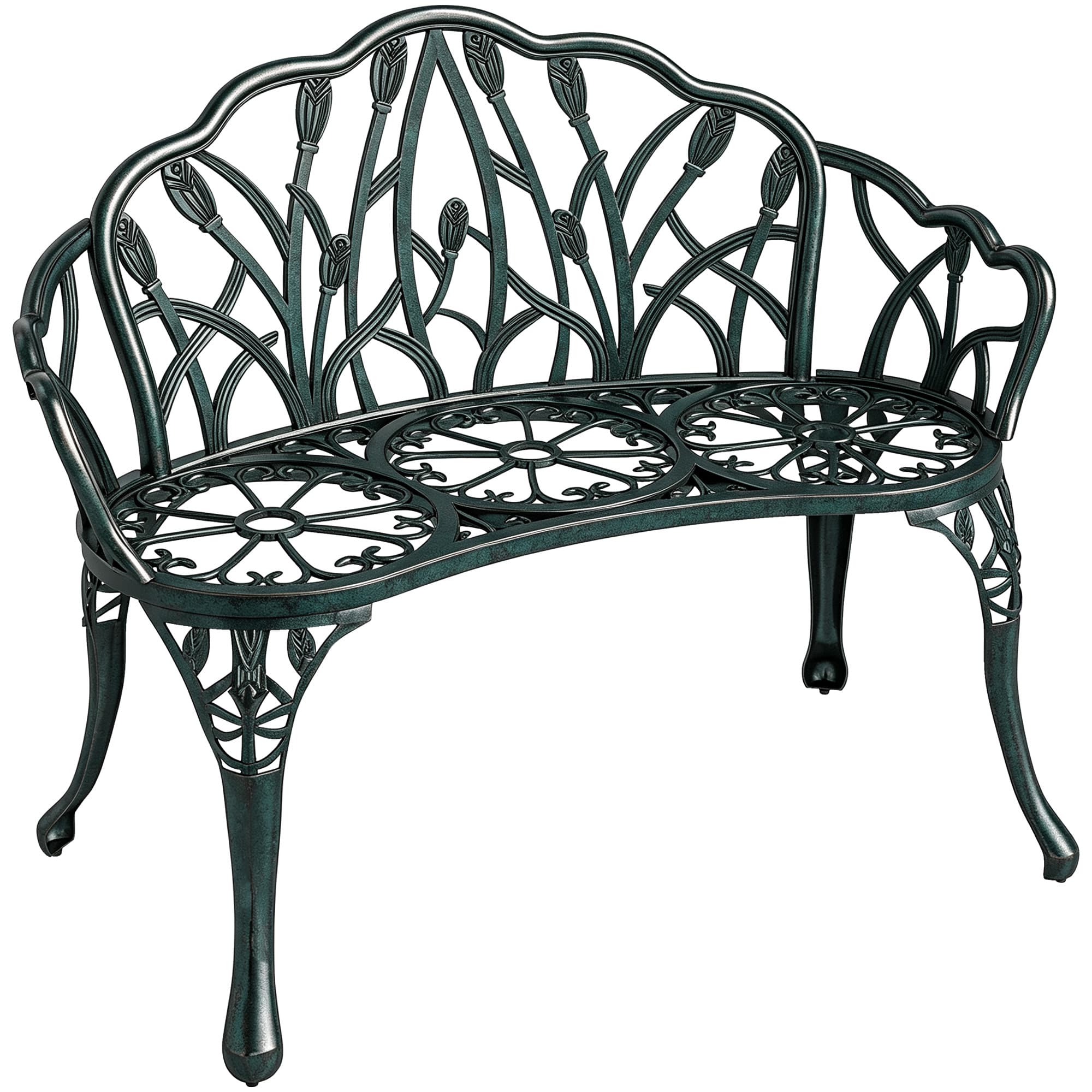 Outsunny Banc de jardin en aluminium moulé, banc extérieur 2 places avec dossier tulipe, assise florale, 99x57x78cm, vert antique