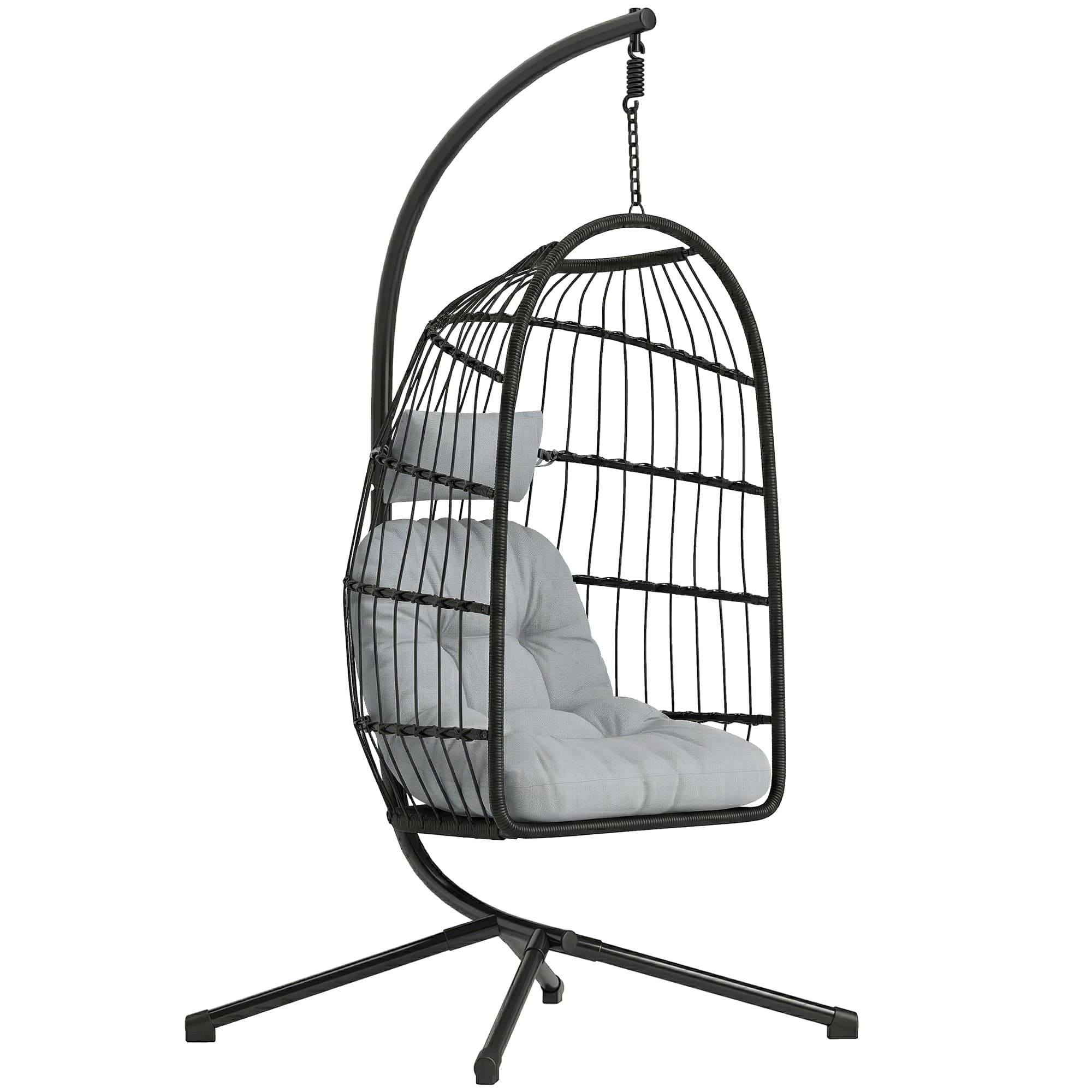 Outsunny Fauteuil Œuf Suspendu Pliable avec Support Coussin 15cm et Appui-tête Gain de Place Résine Tressée 101x105x196cm Gris