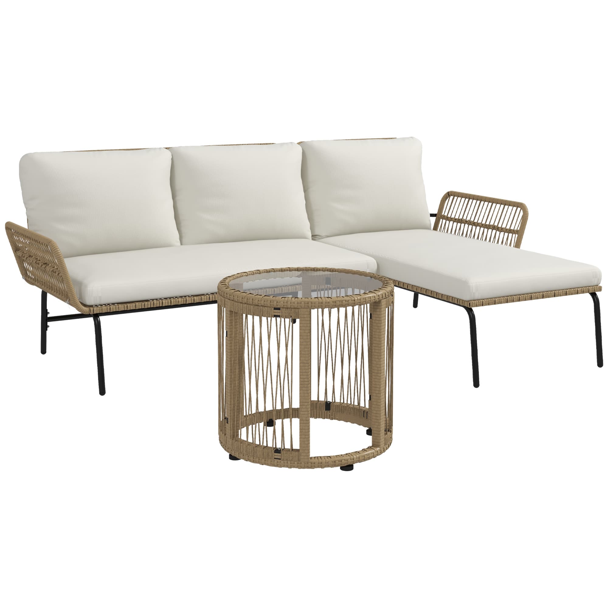 Outsunny Salon de jardin extérieur d'angle 3 places en résine tressée avec canapés, chaise longue, table basse et coussins, crème