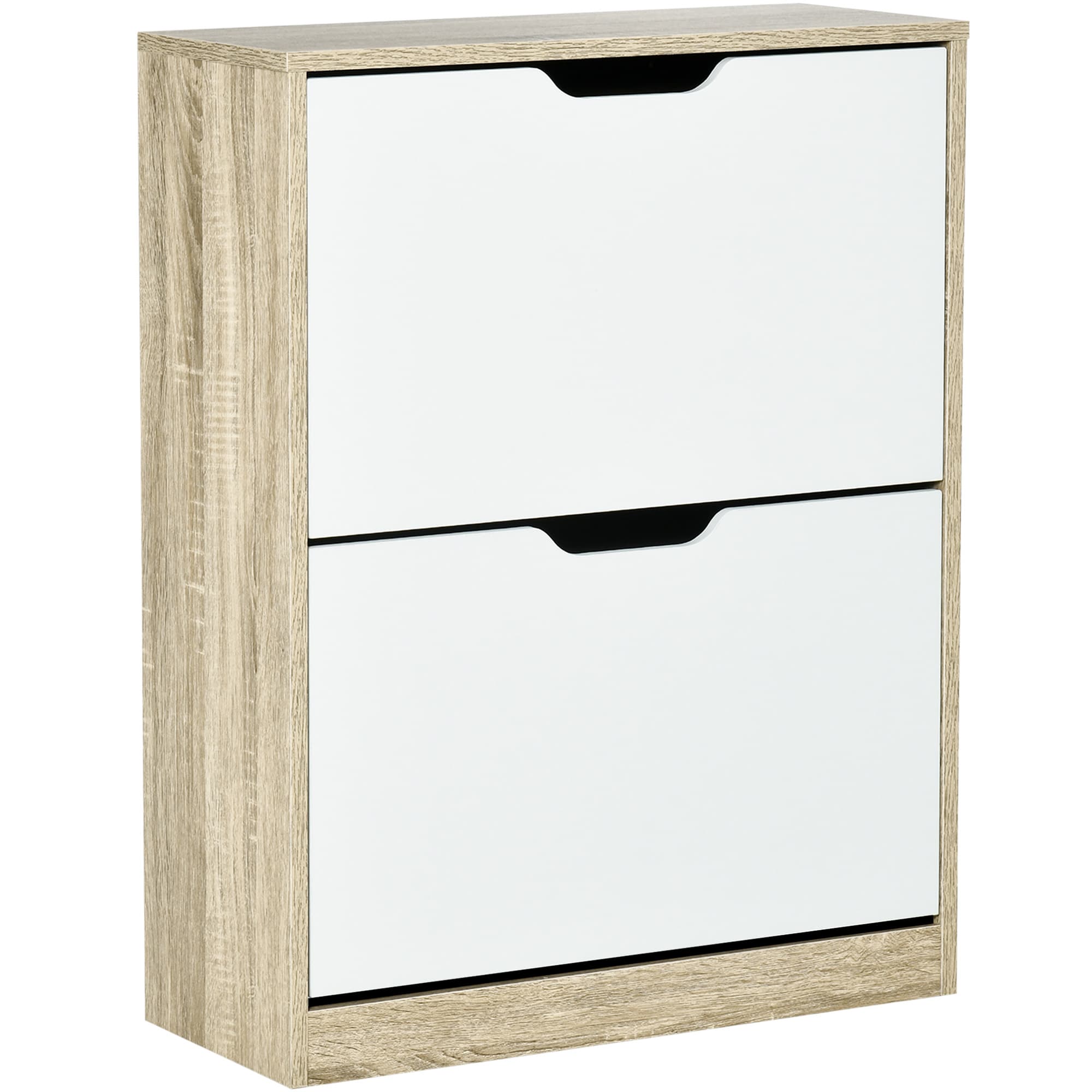 HOMCOM Meuble à chaussures 8 paires, armoire à chaussures étroite, 2 tiroirs rabattables, naturel et blanc