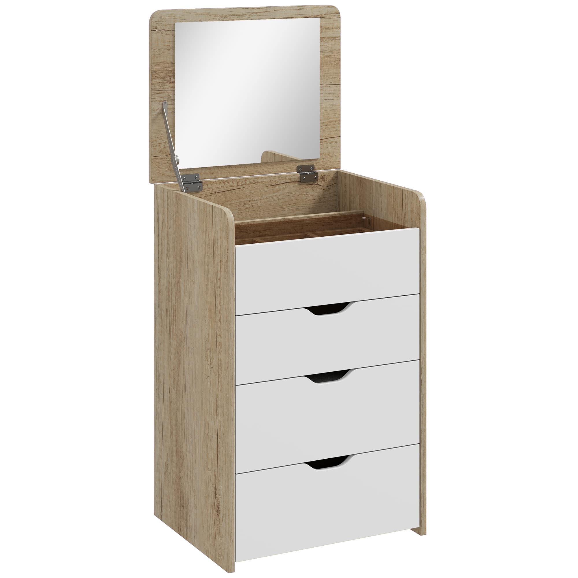 HOMCOM Coiffeuse avec miroir rabattable et tabouret de rangement, table de maquillage, 2 tiroirs, siège rembourré, chêne blanc
