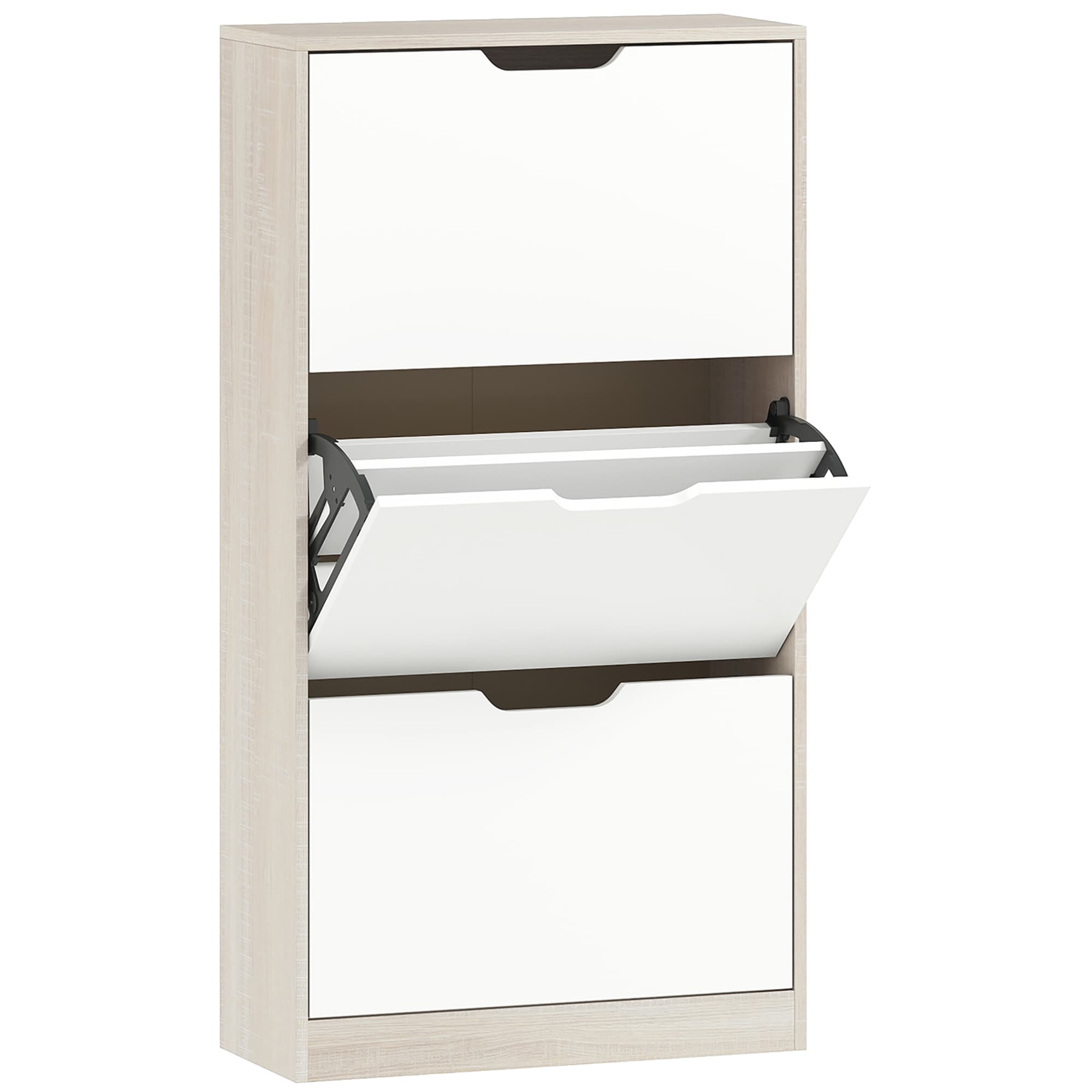 HOMCOM Meuble à chaussures 12 paires, armoire à chaussures étroite, 3 tiroirs rabattables, chêneet blanc