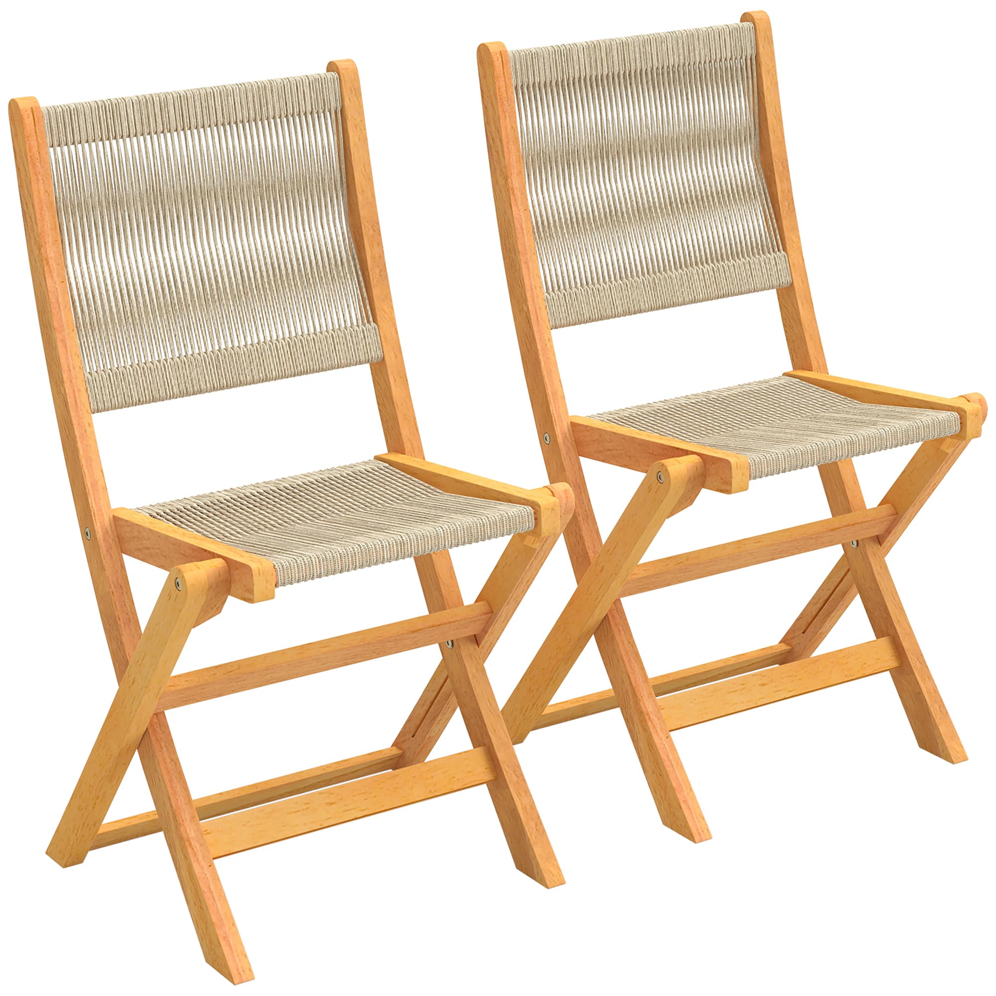 Outsunny Lot de 2 Chaises de Jardin Pliantes Chaises de Balcon en Bois d'Acacia FSC Assise en Corde Tressée Naturel et Beige