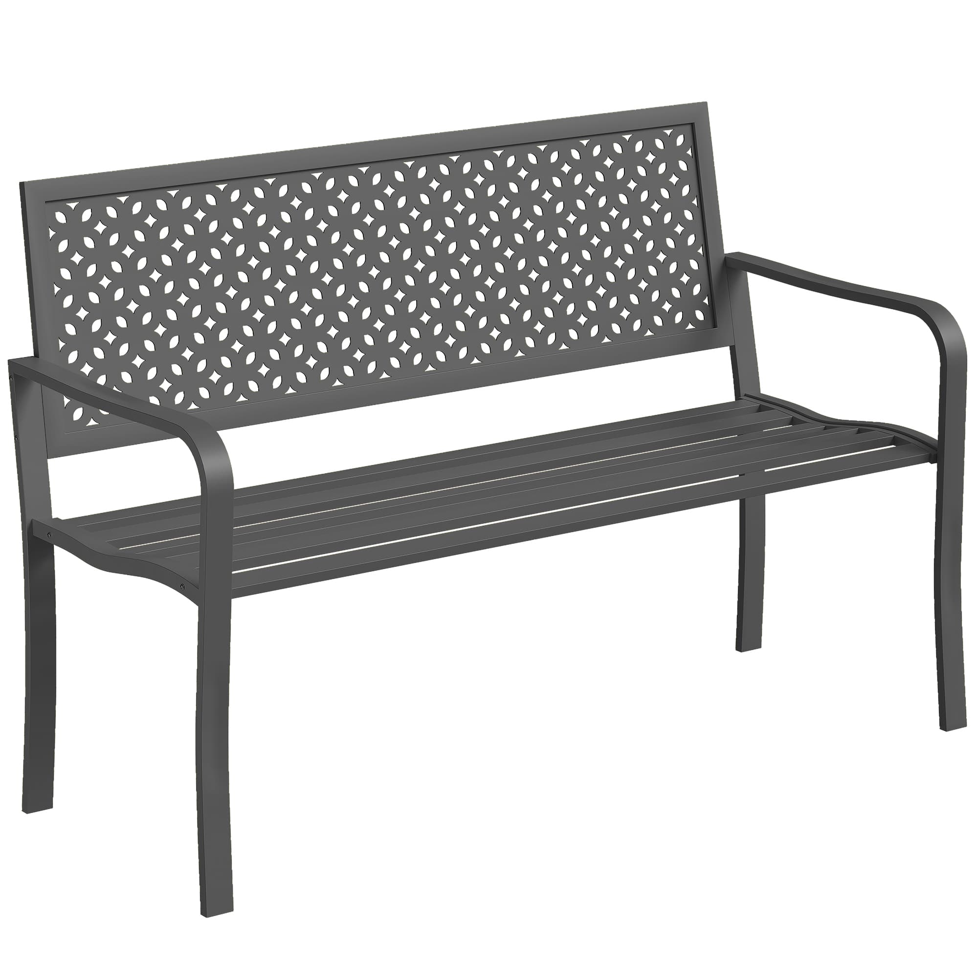 Outsunny Banc d'extérieur en métal, 2 places, avec dossier géométrique antirouille et accoudoirs, gris foncé