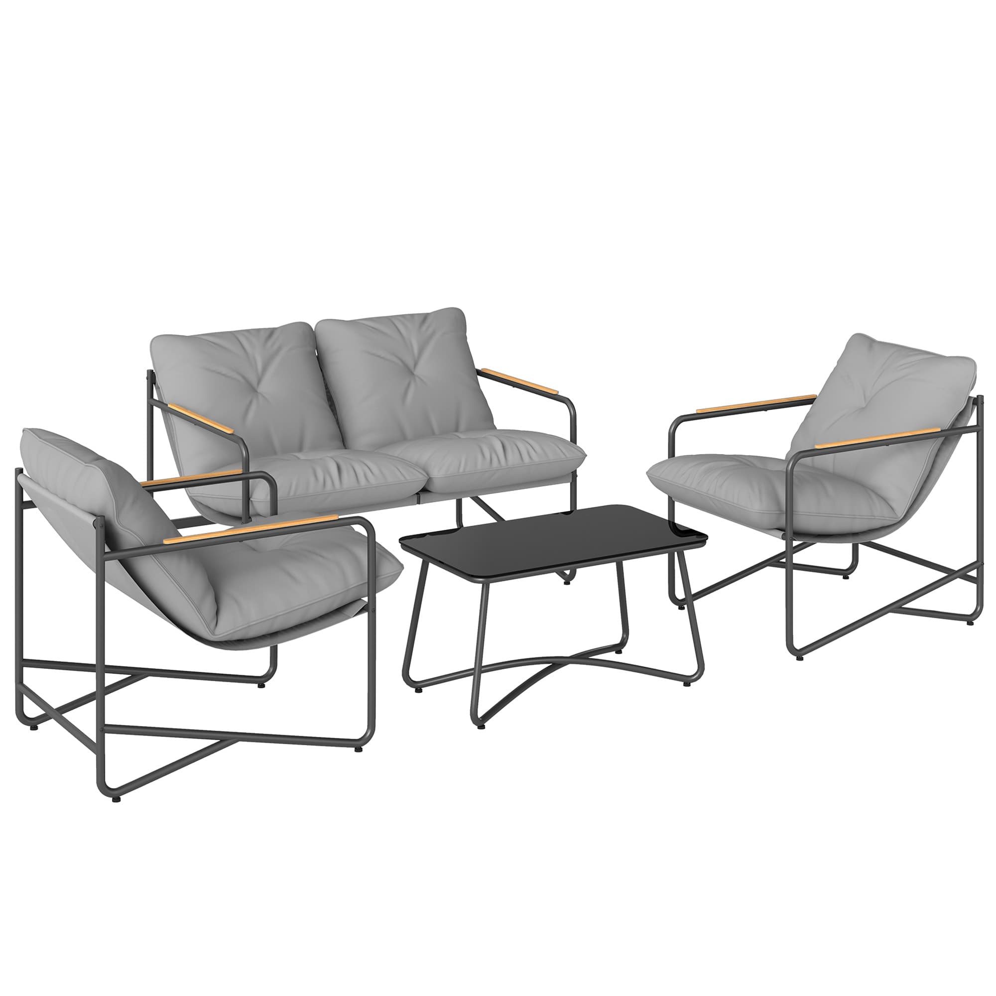 Outsunny Salon de Jardin 4 Pièces Ensemble avec Canapé 2 Places, 2 Fauteuils et Table Basse Verre Trempé Coussins 13cm Gris Clair