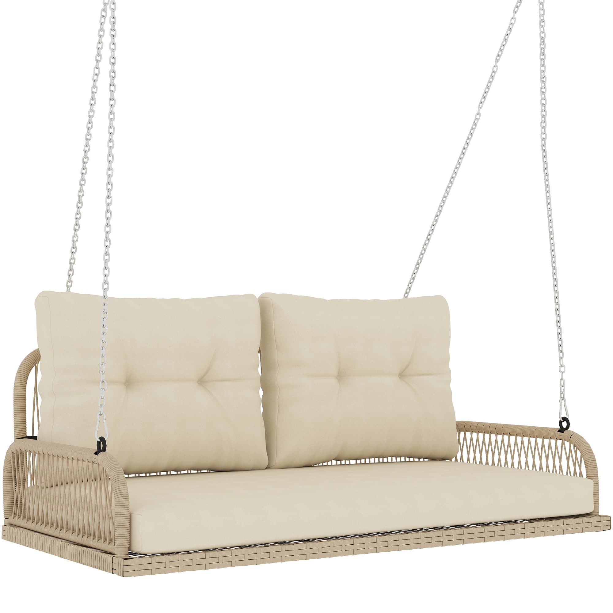 Outsunny Banc Suspendu Extérieure 2 Places en Résine Tressée avec Coussins et Chaînes en Acier, 115x66x44cm, Beige