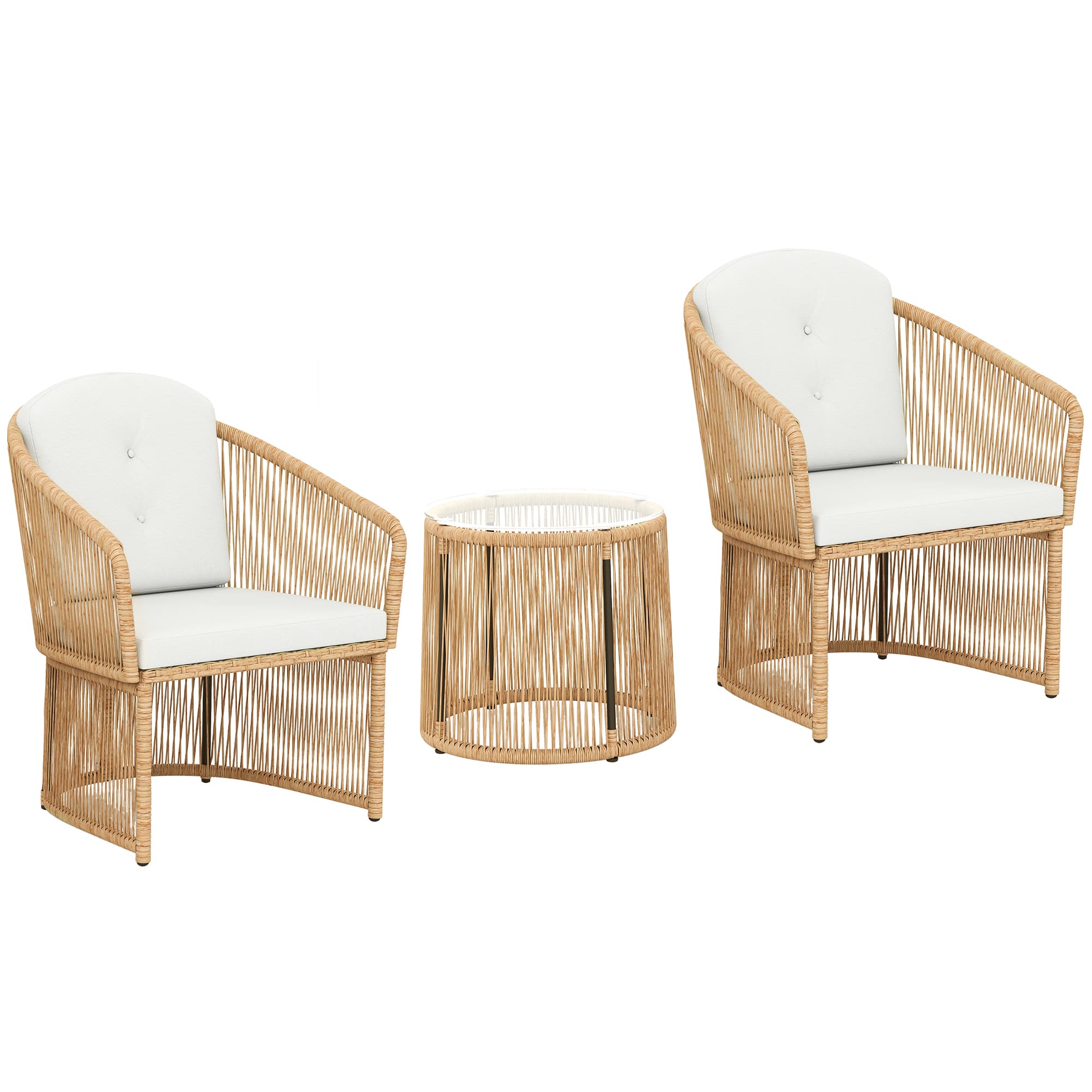 Outsunny Salon de jardin extérieur en résine tressée 2 personnes, table de jardin extérieure avec 2 chaises avec coussins, crème