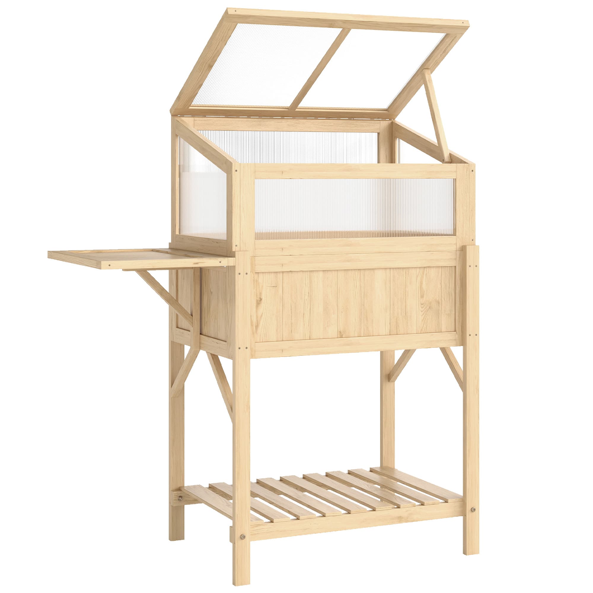 Outsunny Carré potager sur pieds avec serre, jardinière surélevée, table latérale pliante et étagère, 104x50x120cm, bois naturel