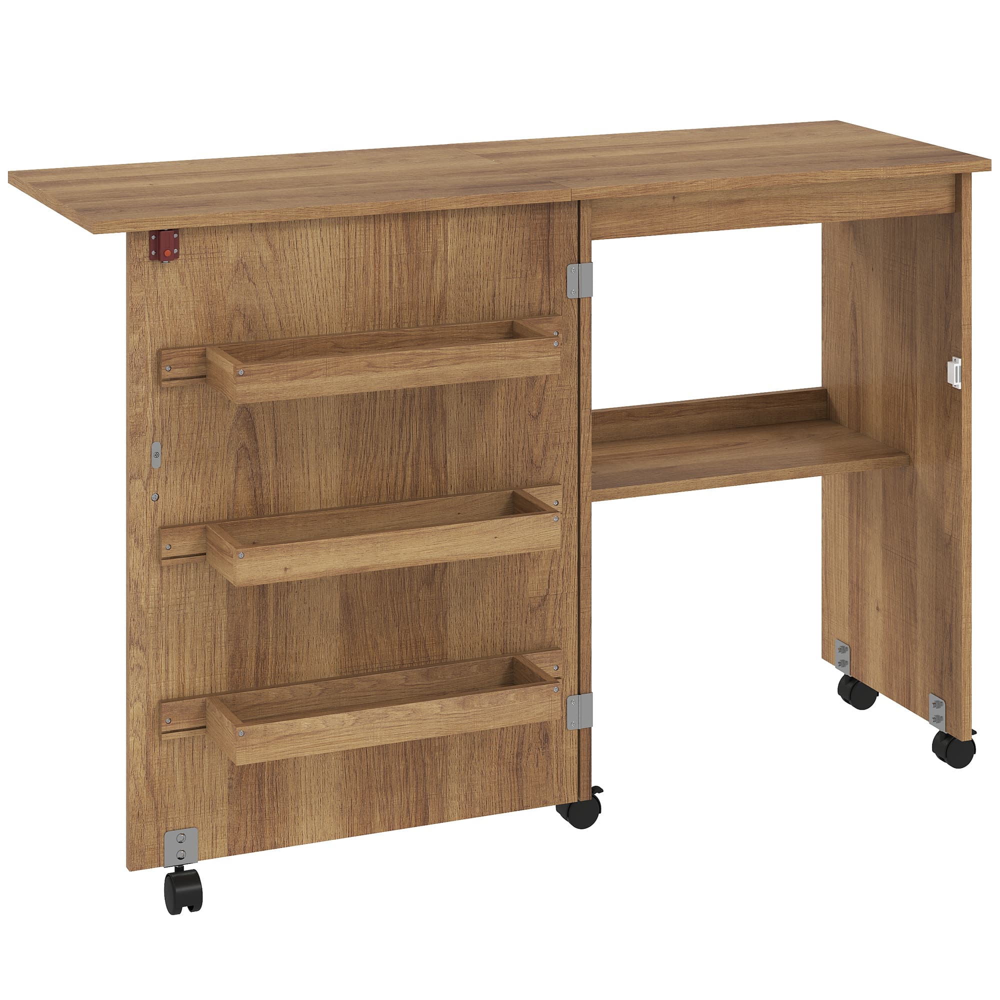 HOMCOM Table de couture pliante meuble couture à abattant avec bacs de rangement, étagère ouverte et roulettes, marron