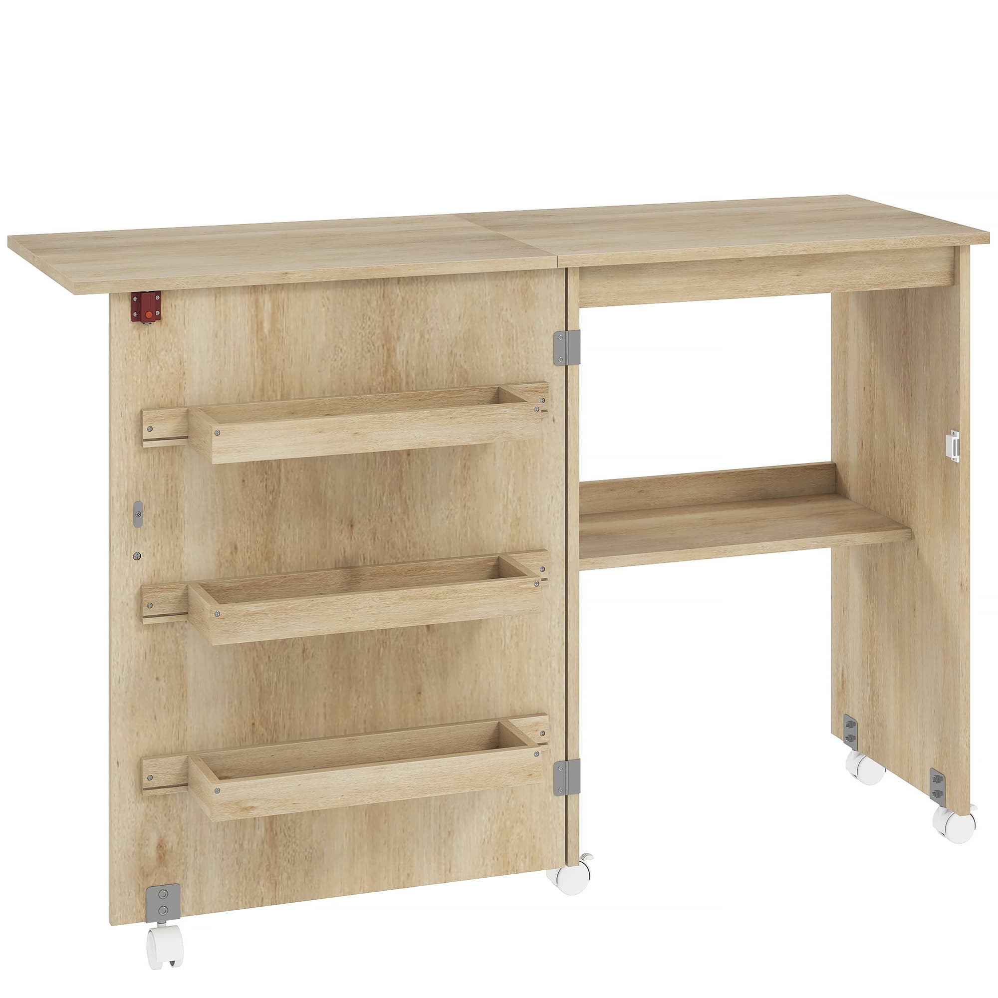 HOMCOM Table de couture pliante meuble couture à abattant avec bacs de rangement, étagère ouverte et roulettes, bois naturel