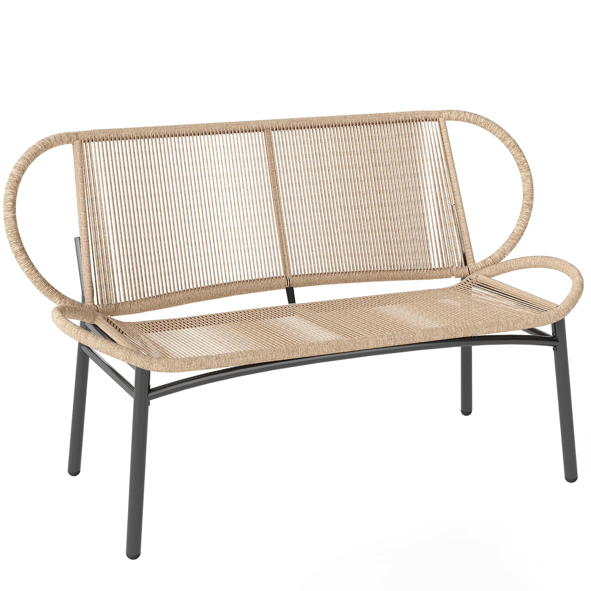 Outsunny Banc de jardin 2 places, banc d'extérieur en résine tressée avec cadre en métal, résistant aux intempéries, naturel