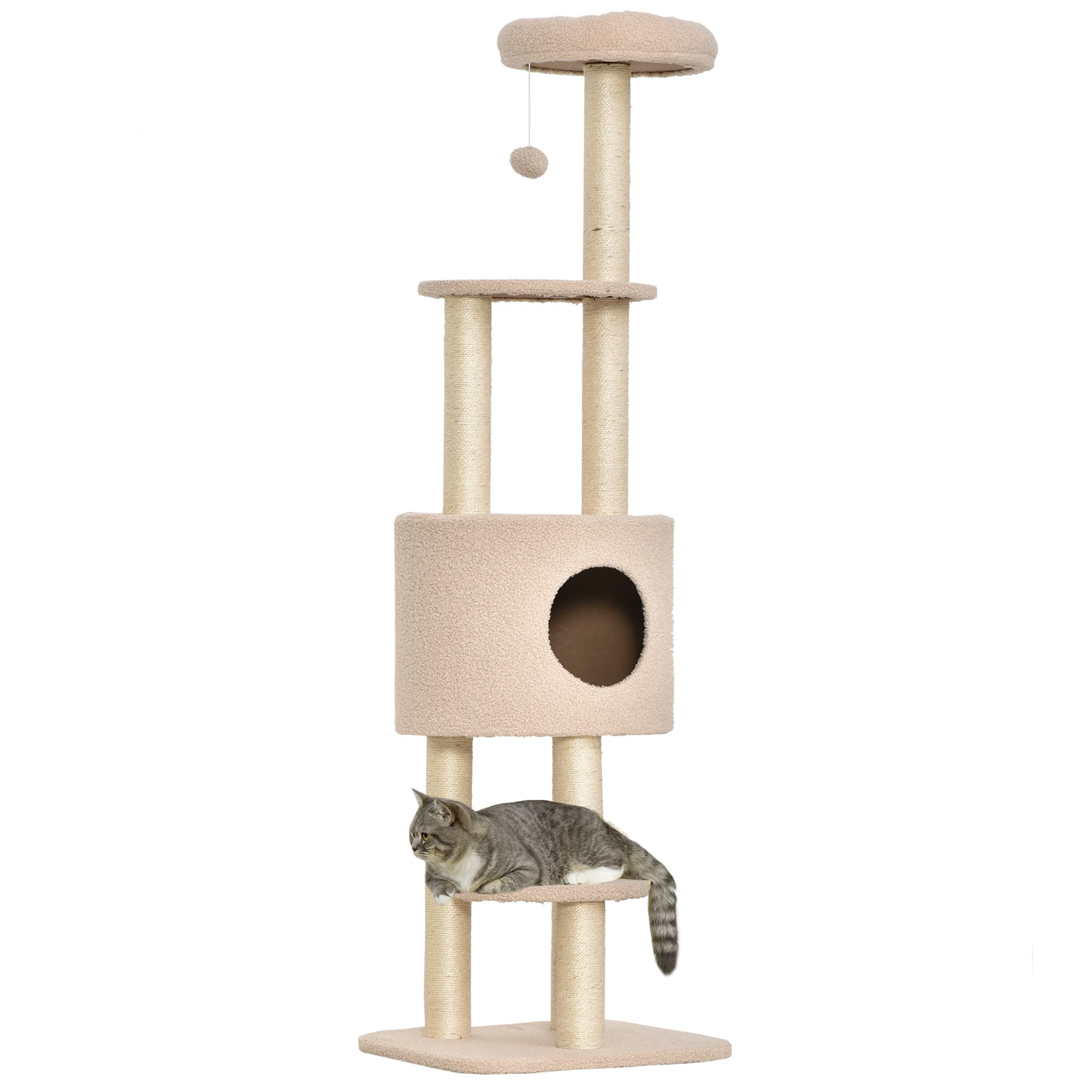 PawHut Arbre à Chats Beige avec Griffoir, Niche, Poteaux Cashemire Simple Face - 45x40x148 cm Aosom France