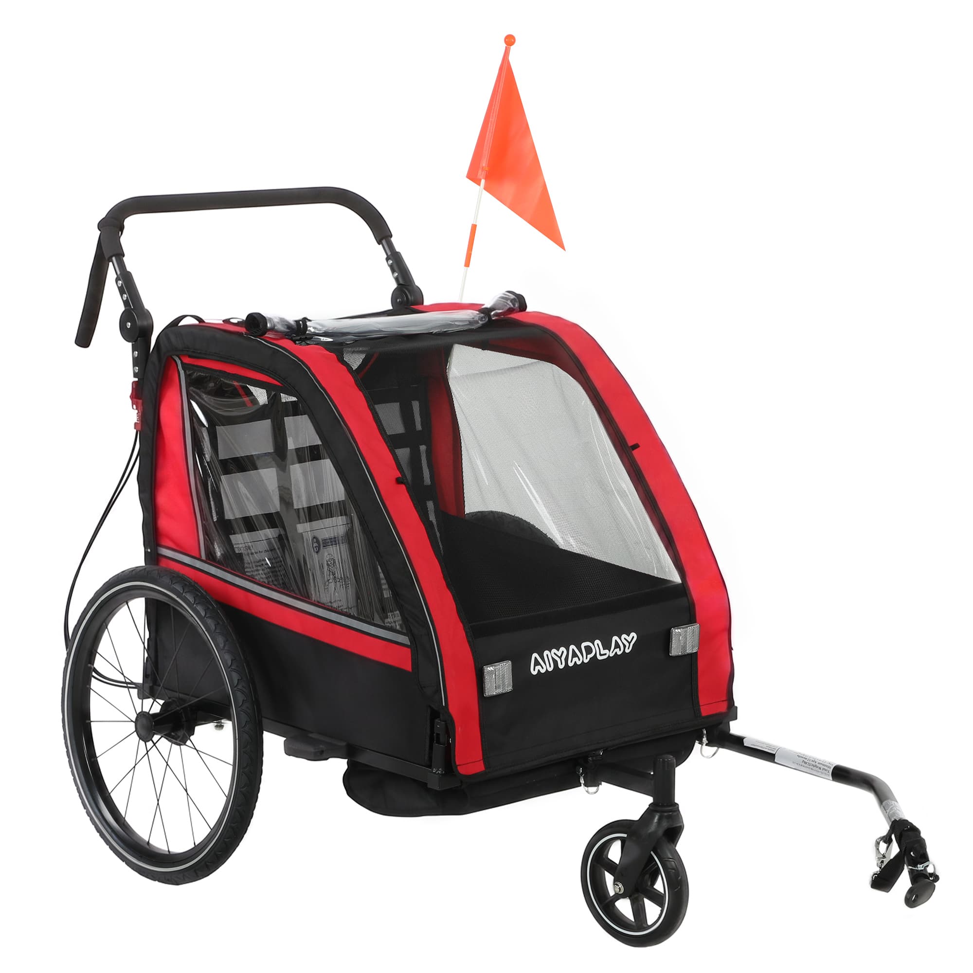 AIYAPLAY Remorque vélo enfant 2 en 1, poussette vélo bébé 2 places, guidon réglable, frein à main, ceinture de sécurité, rouge