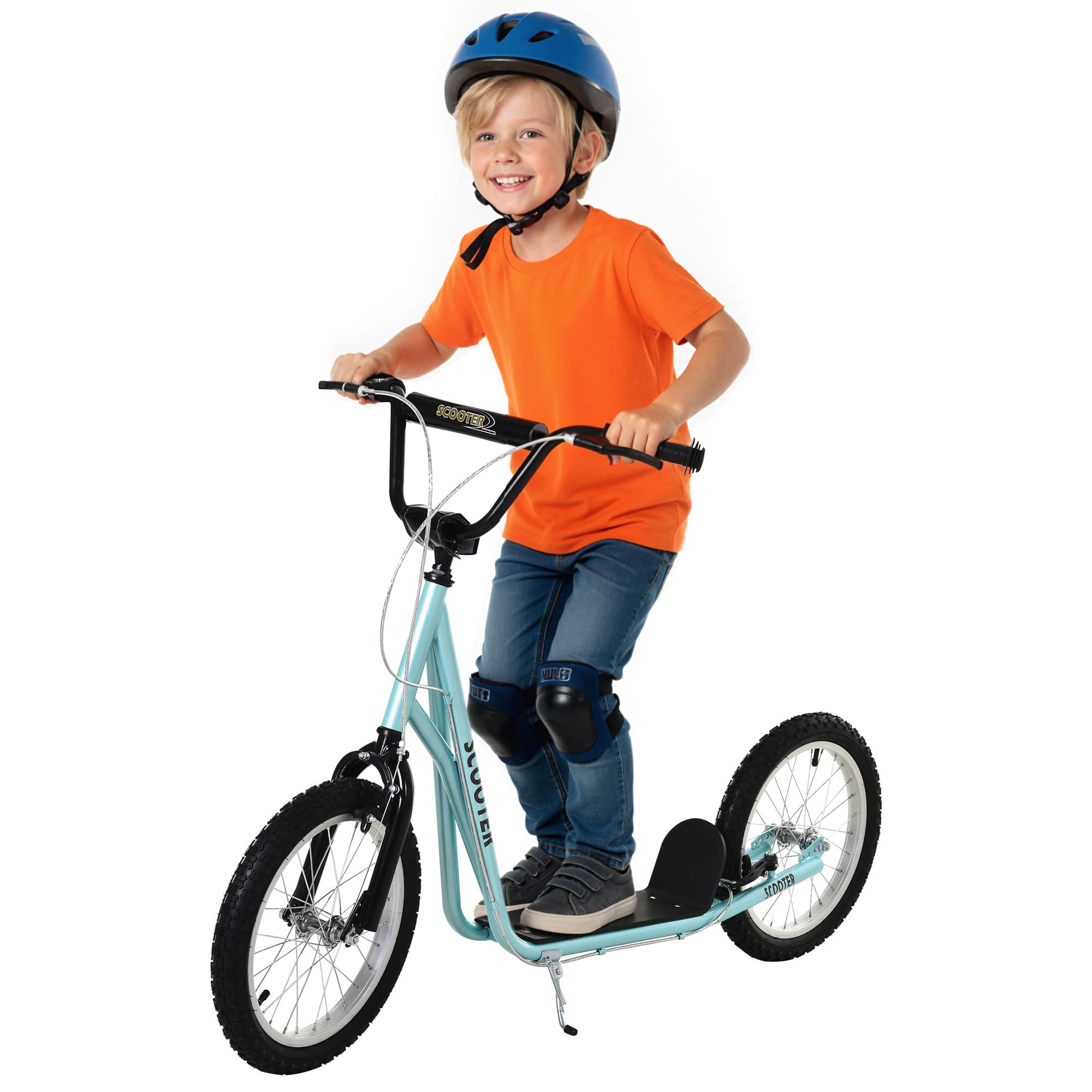 HOMCOM Trottinette patinette pour Enfants à partir de 5 Ans Grands pneus Guidon réglable poignée Frein et béquille Acier Bleu