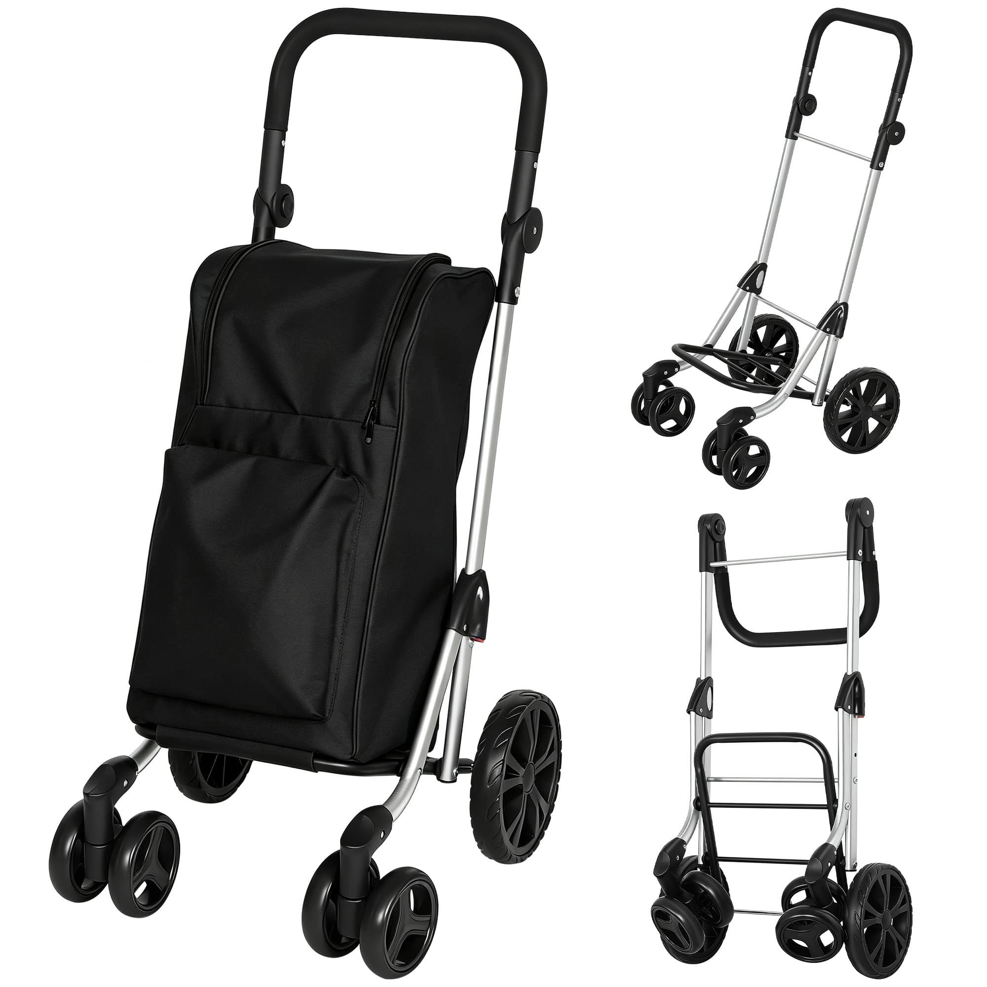 HOMCOM Trolley de courses, sac 46 litres, chariot pliable avec sac isotherme, poignée réglable, cadre en aluminium, Noir
