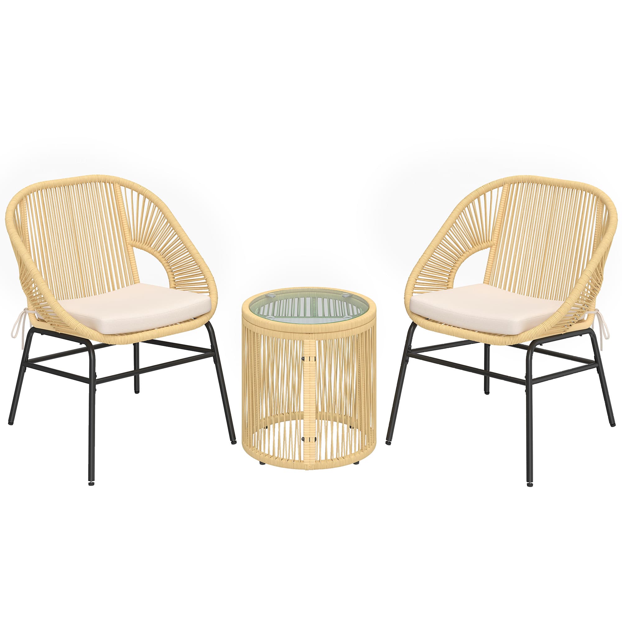Outsunny Ensemble Bistro Salon de Balcon 3 Pièces 2 Fauteuils Confortables et Table en Verre Trempé Coussins Déhoussables Beige