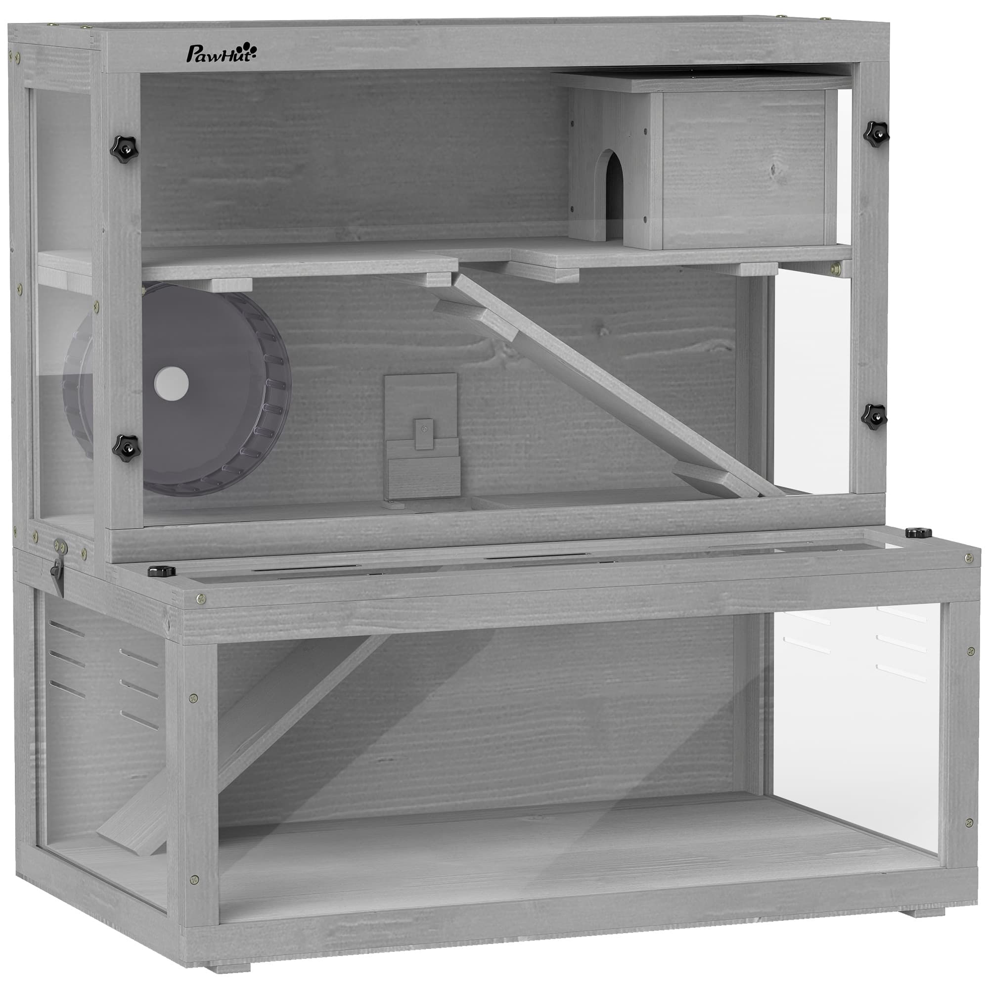 PawHut Cage Hamster en Bois, 3 Niveaux avec Cabane, Roue, Rampes, Panneau Transparent, Espaces Séparés, 80x50x84cm, Gris