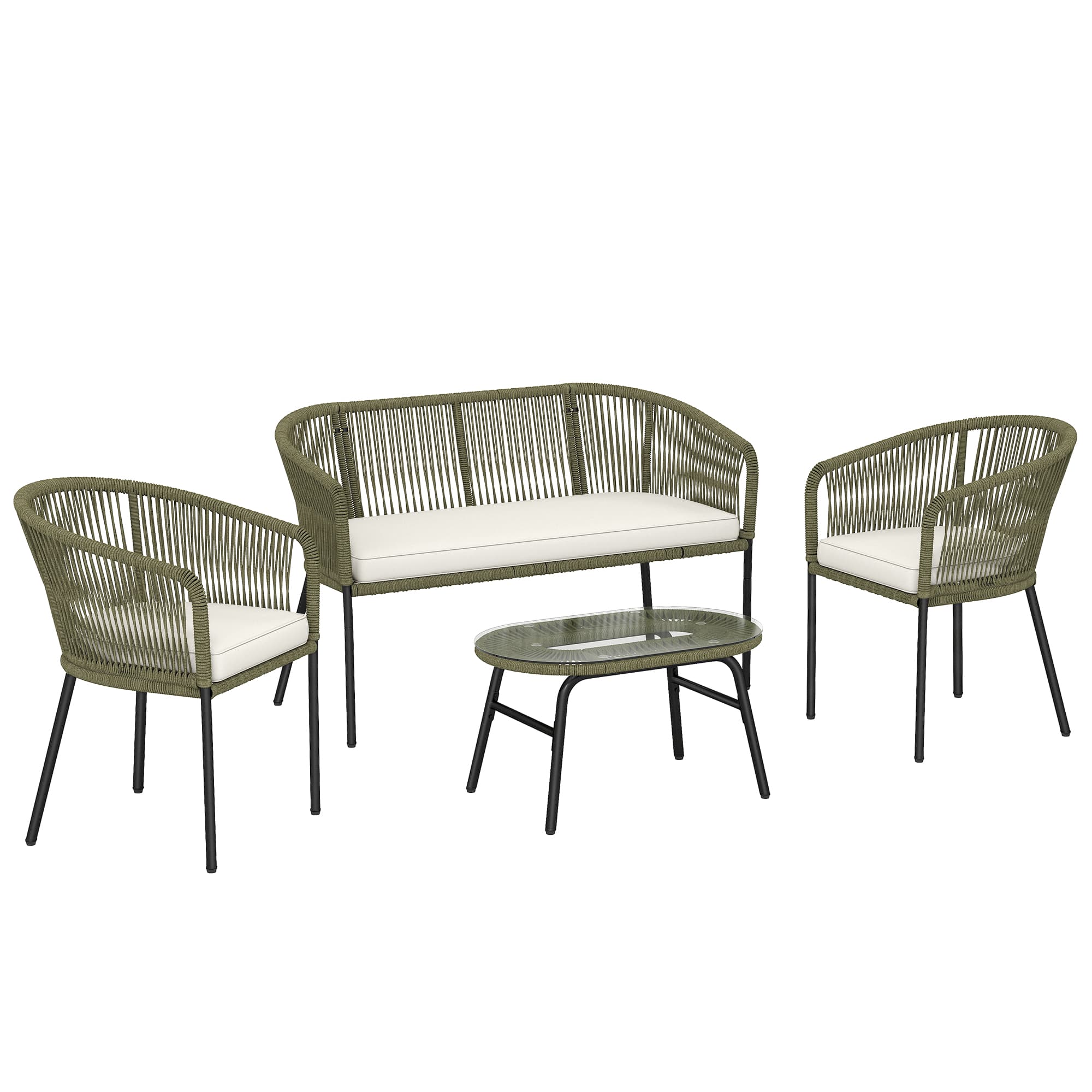 Outsunny Salon de Jardin Extérieur 4 Places Canapé 2 Places 2 Fauteuils et Table Basse Verre Trempé PP Rond Tressé Crème