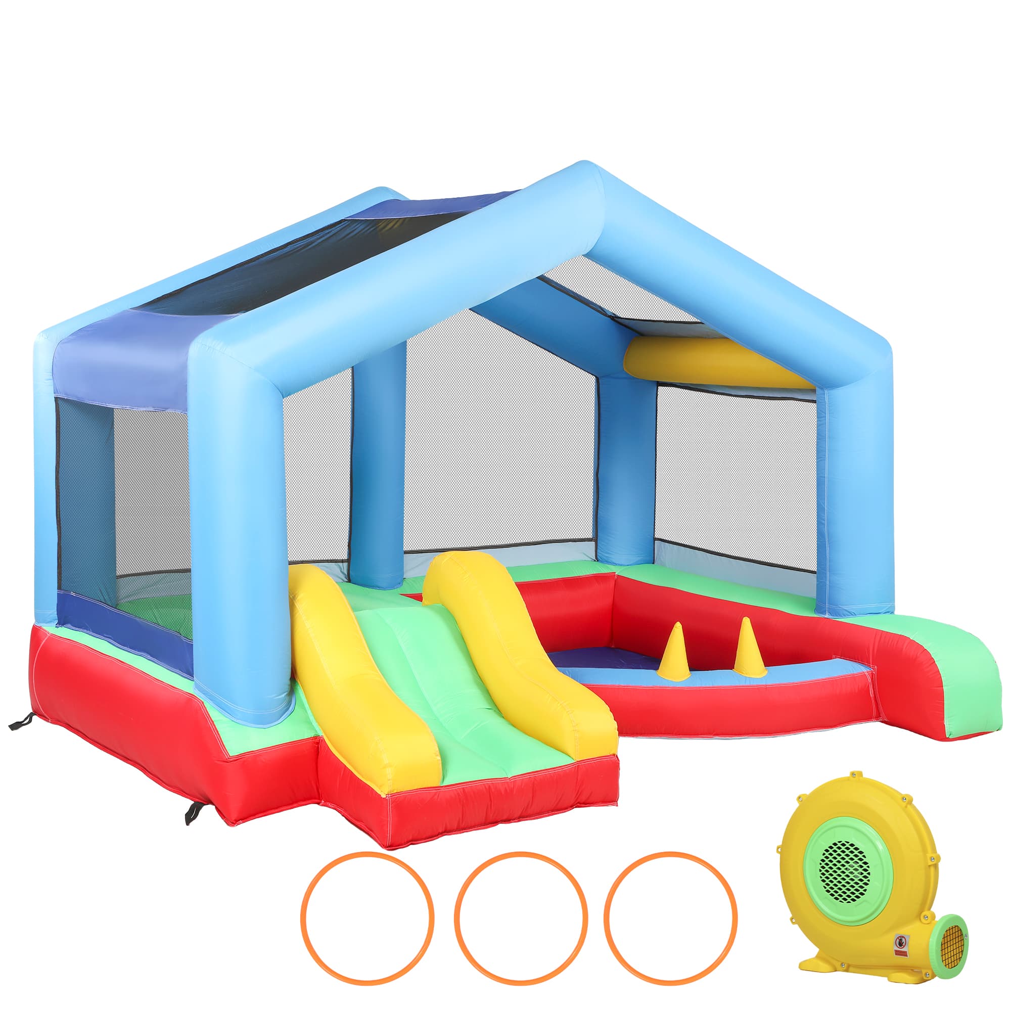 AIYAPLAY Château gonflable 4 en 1, aire de jeux avec souffleur, toboggan, piscine à balles, jeu de lancer d'anneaux, multicolore
