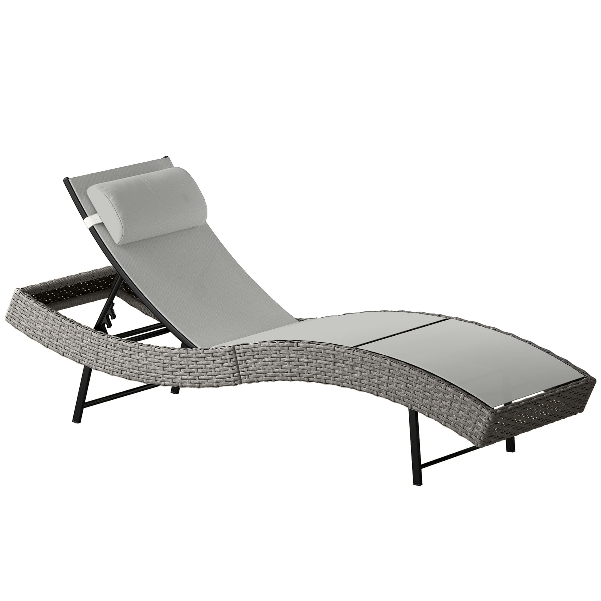 Outsunny Chaise longue en résine tressé, bain de soleil avec dossier réglable 5 positions et appui-tête, 198 x 61 x 44 cm, gris