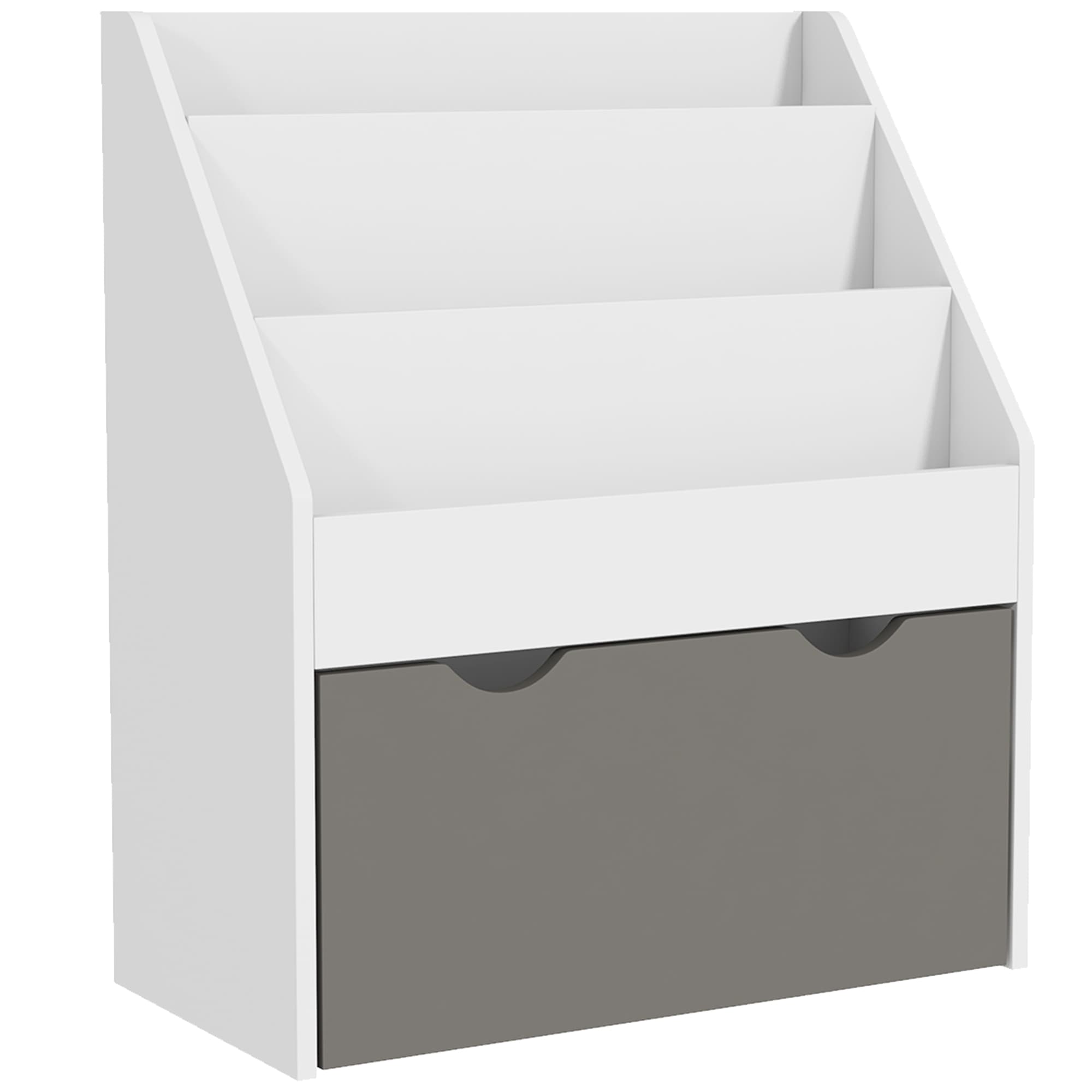 AIYAPLAY Bibliothèque pour enfants Multi-Rangement avec 3 niveaux d'étagères et un tiroir, 62,5L x 30l x 70H cm, gris et blanc