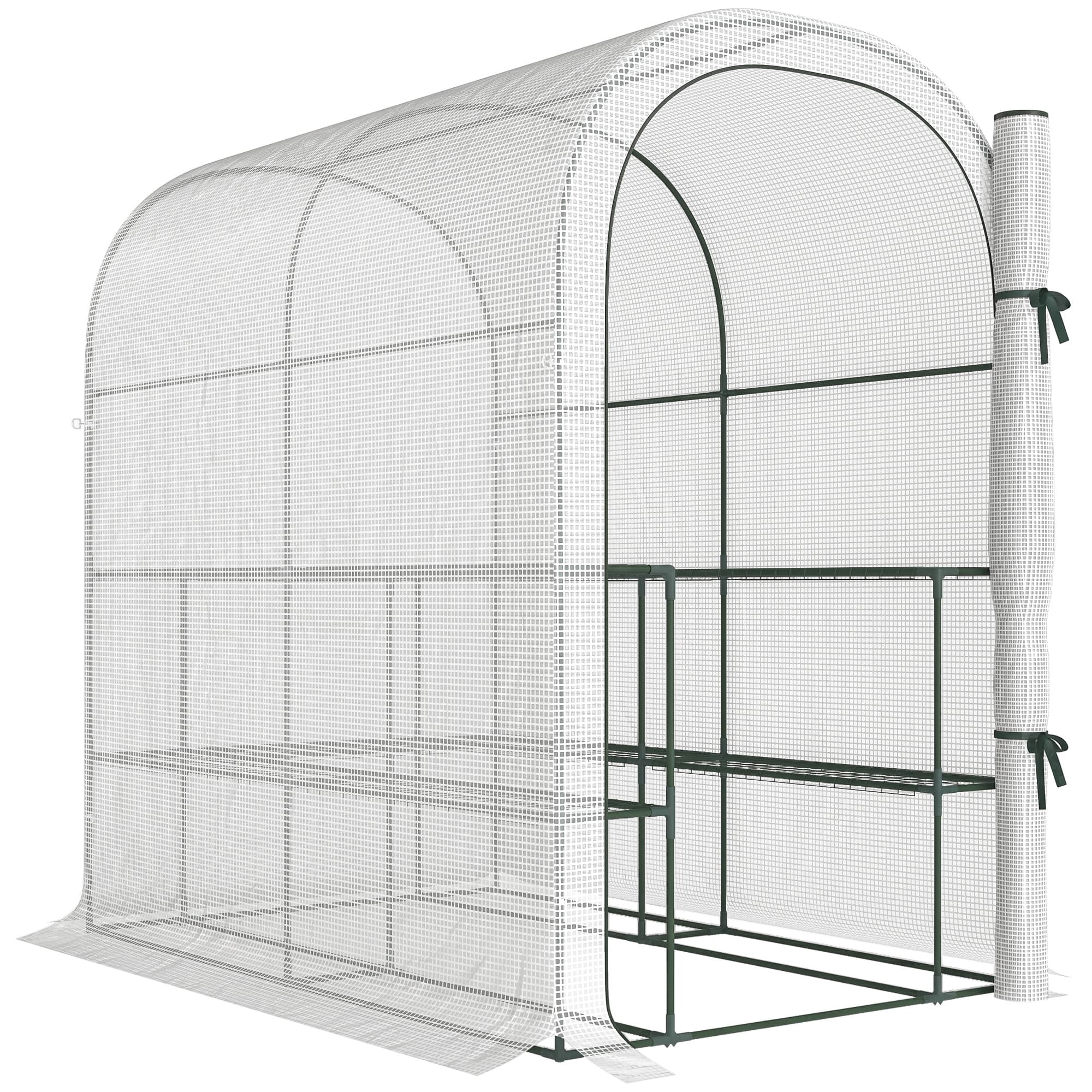 Outsunny Serre de jardin avec étagères, 123x187x189cm, petite serre avec porte enroulable, bâche PE haute densité 140 g/m2, blanc