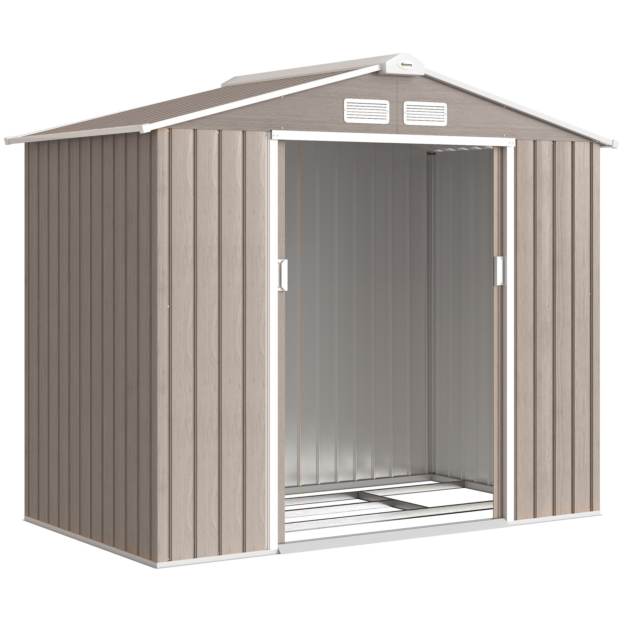 Outsunny Abri de jardin 2,77m2 213 x 130 x 185 cm fondation incluse porte coulissante ventilations acier galvanisé marron clair