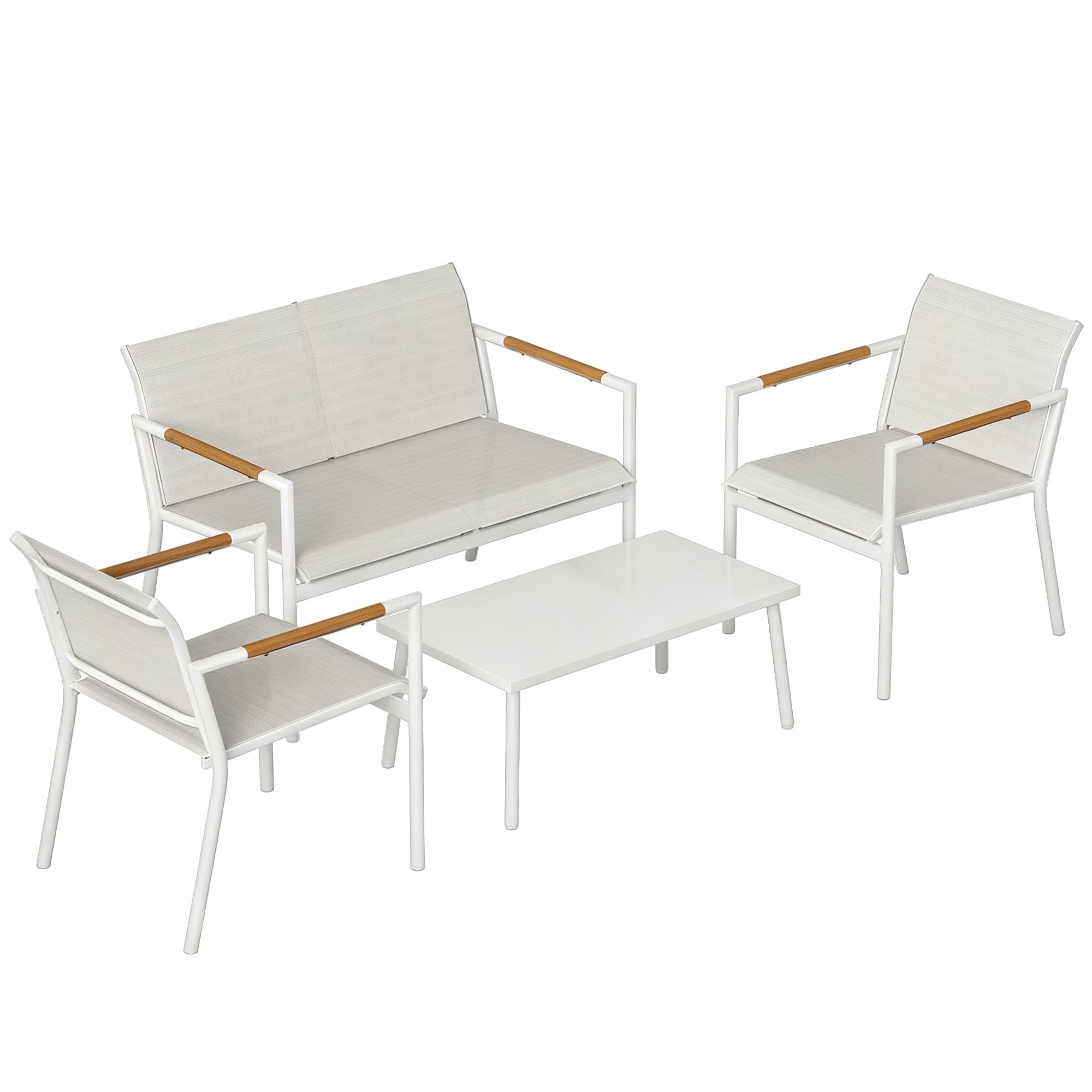 Outsunny Salon de Jardin 4 Pièces en Textilène, Canapé, 2 Fauteuils, Table Basse avec Plateau en Métal, 106x70,5x77cm, Crème