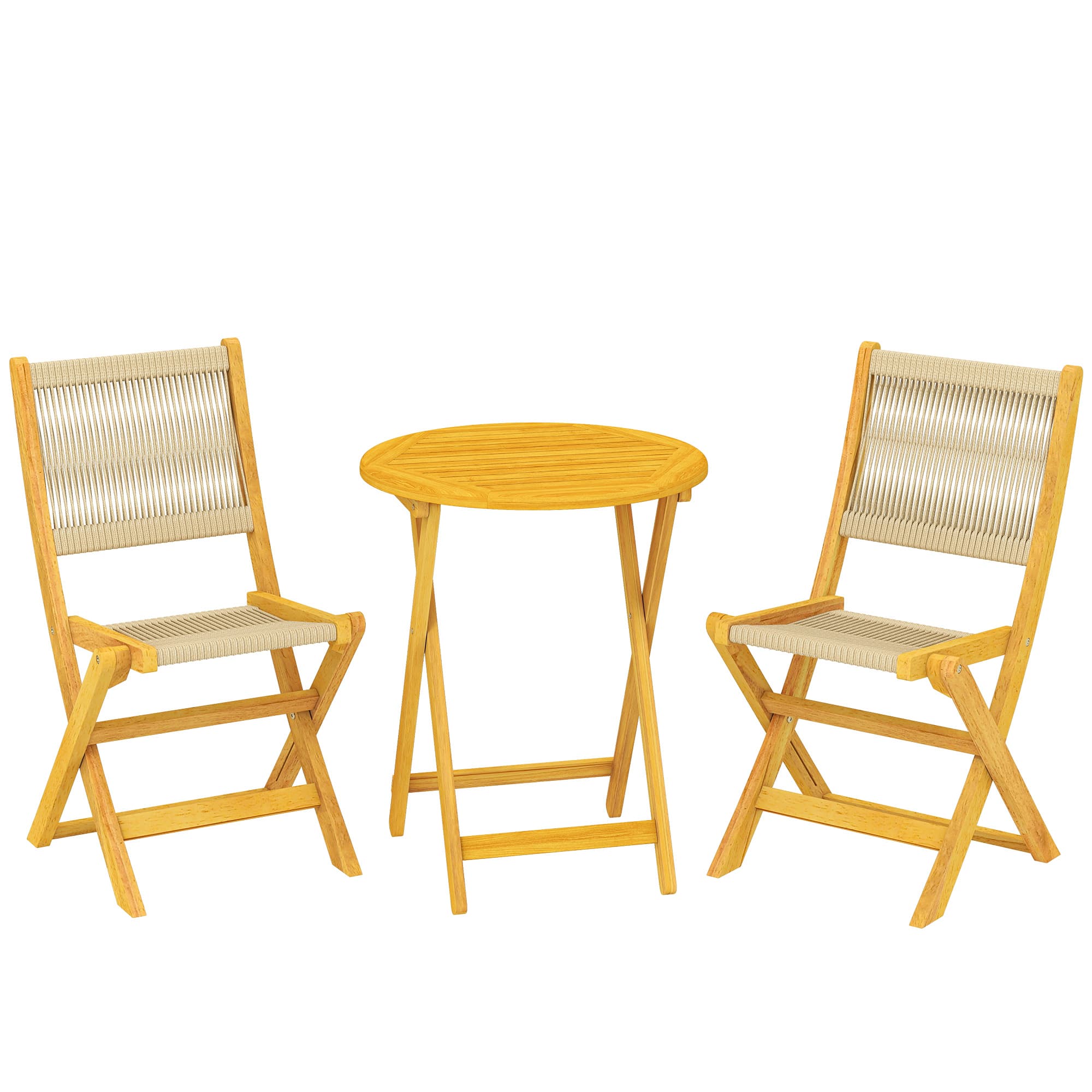 Outsunny Salon de Jardin Ensemble Bistro 3 Pièces Table Ronde et 2 Chaises Pliables Design Boho Bois d'Acacia Cordage PP Naturel