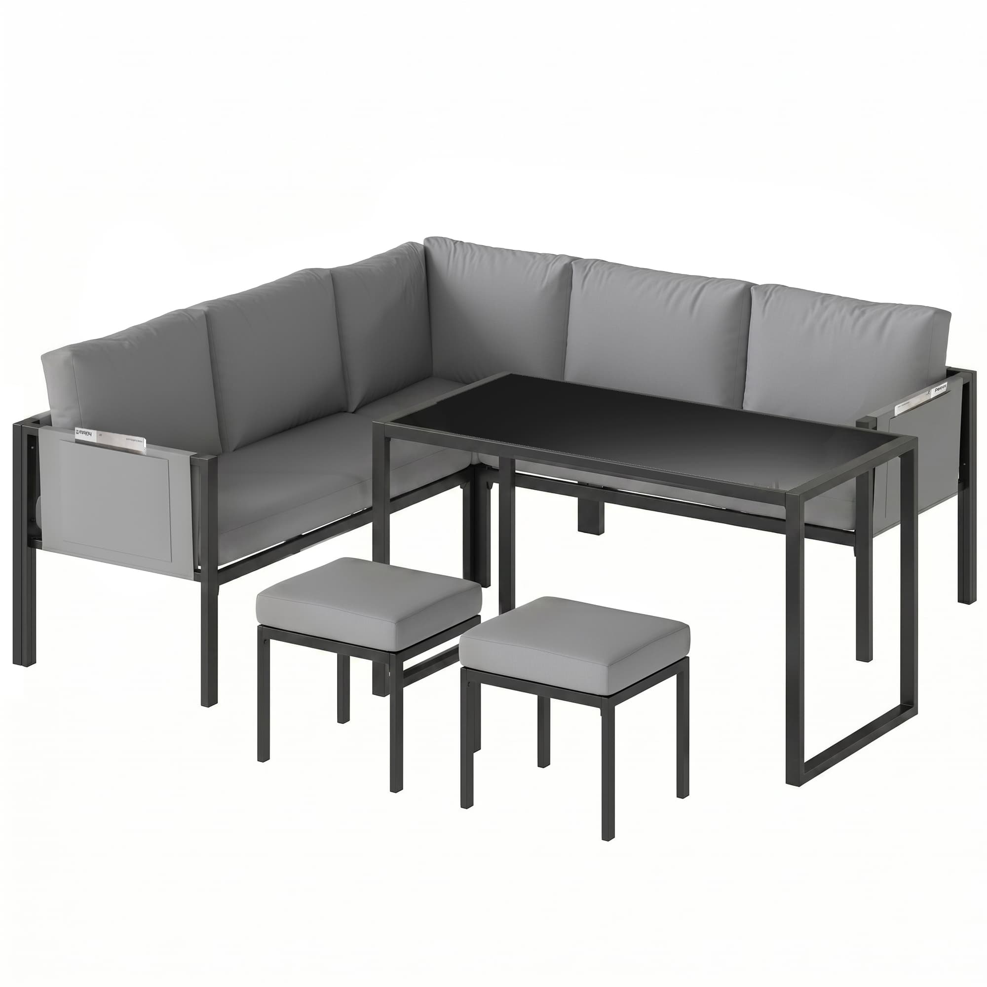 Outsunny Salon de Jardin Canapé d'Angle Extérieur 6 Pièces Coussins 10cm Table Haute et 2 Repose-pieds Gris