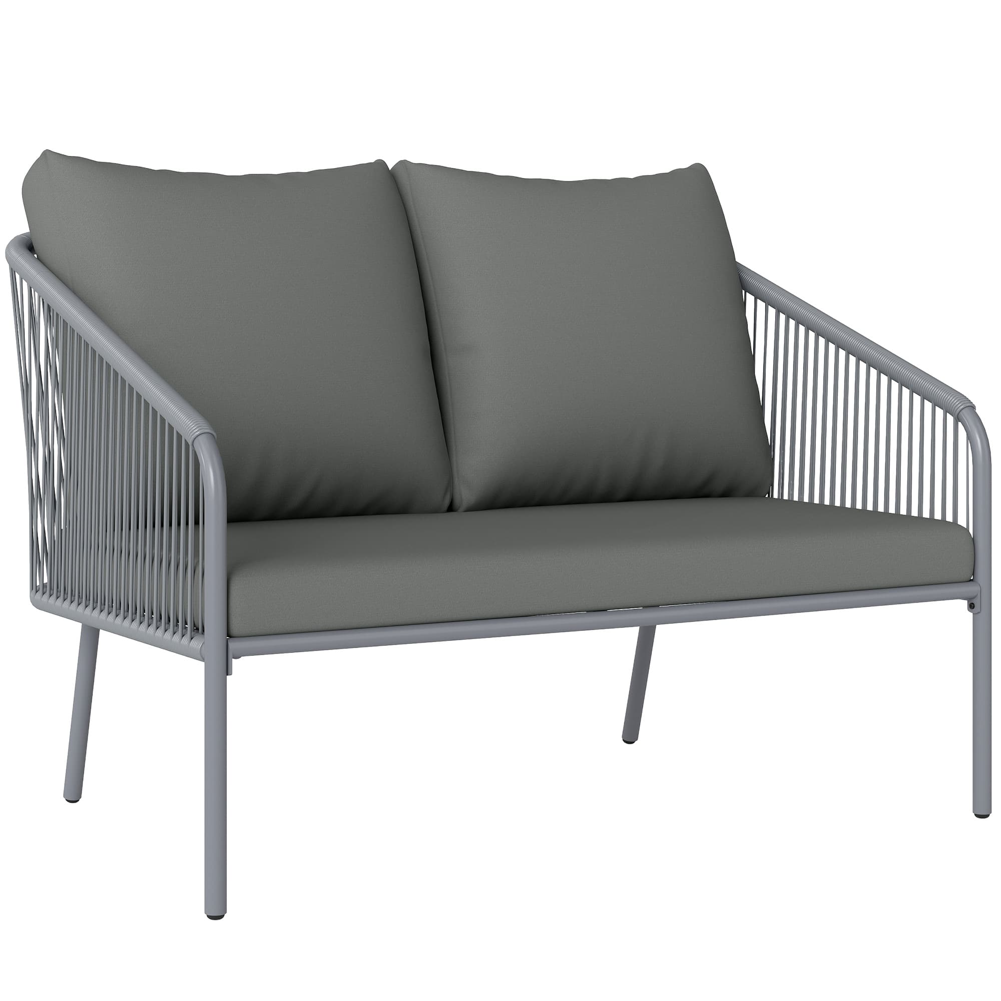 Outsunny Canapé de jardin 2 places en résine tressée avec coussins canapé d'extérieur accoudoirs cadre en acier 112x72x76cm gris