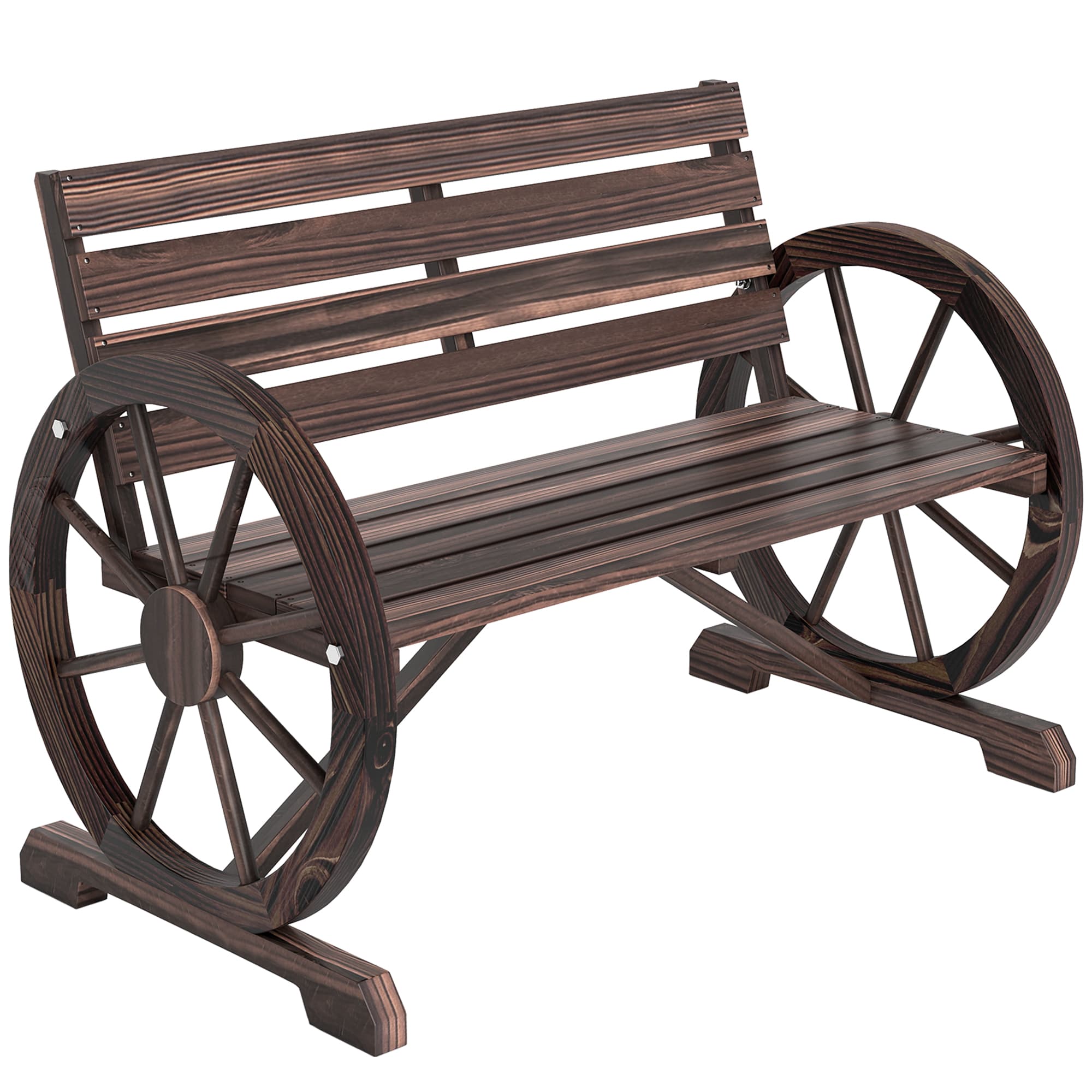 Outsunny Banc de Jardin 3 Places banc en bois extérieur Style Rustique Chic accoudoirs Roues Charette Bois Sapin traité carbonisation