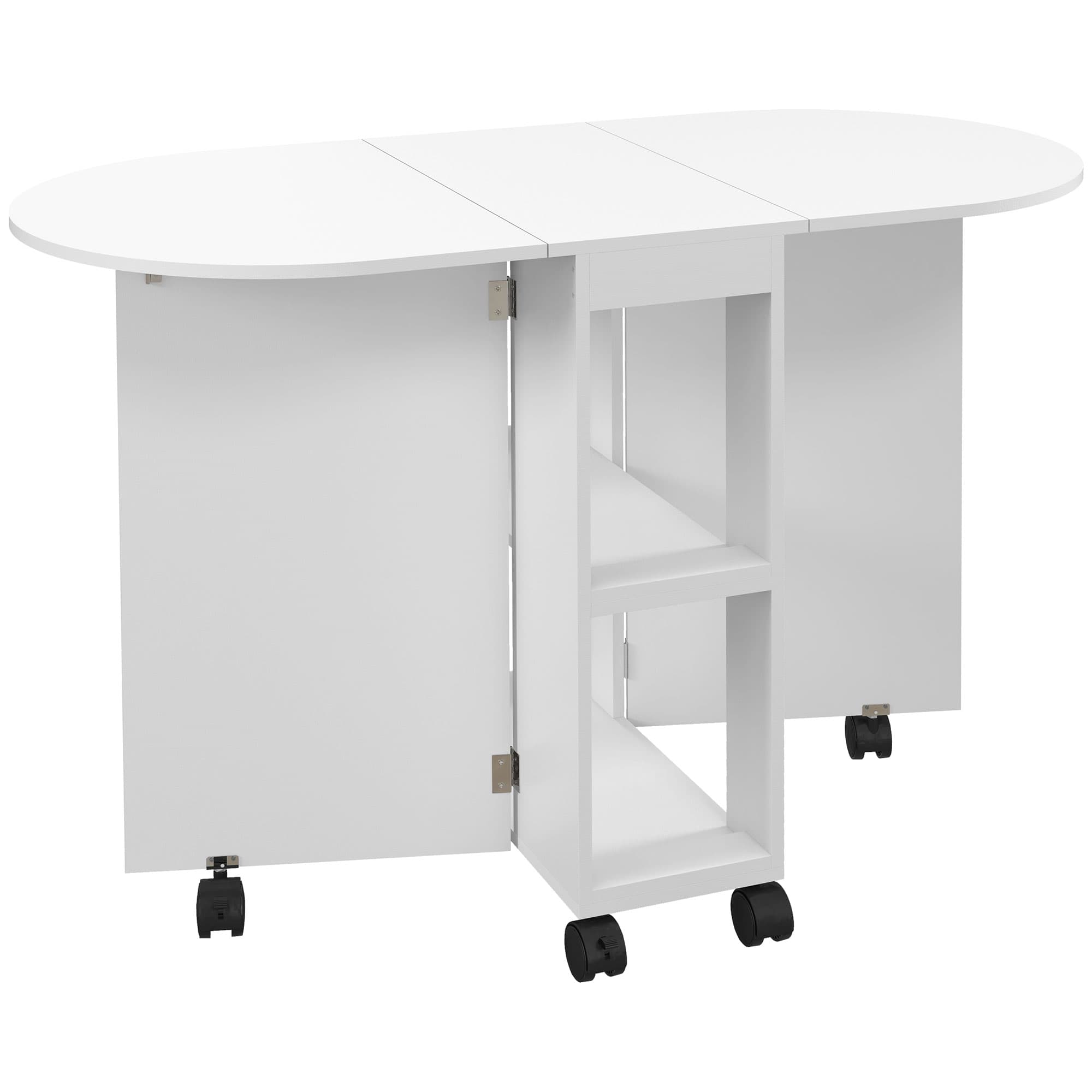 HOMCOM Table à manger pliante sur roulettes, table de cuisine pour 4 personnes, 2 abattants et 2 étagères, 120x60x77cm, blanc