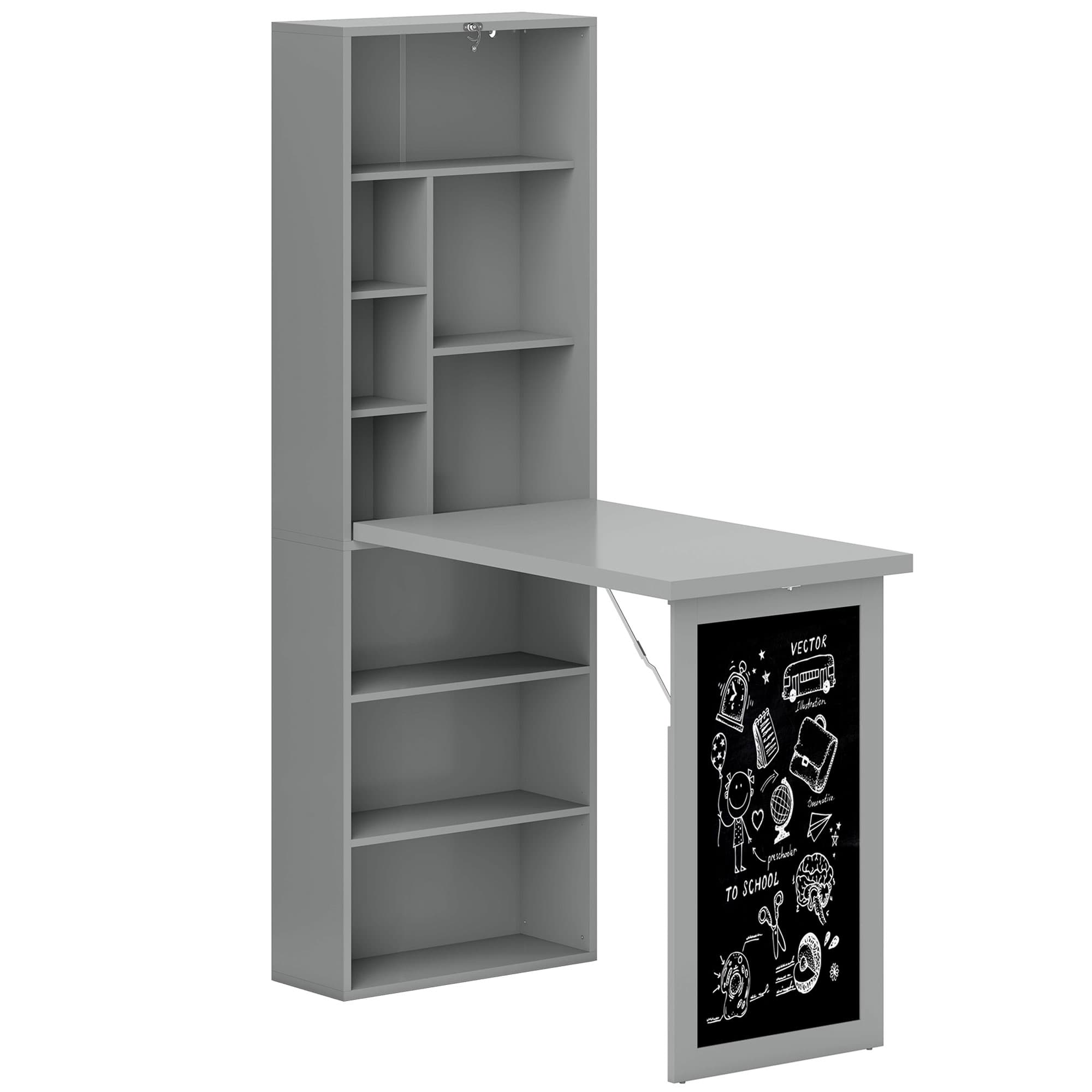HOMCOM Bureau avec rangement pliable murale rabattable avec bibliothèque poste de travail tableau à craie et étagère réglable