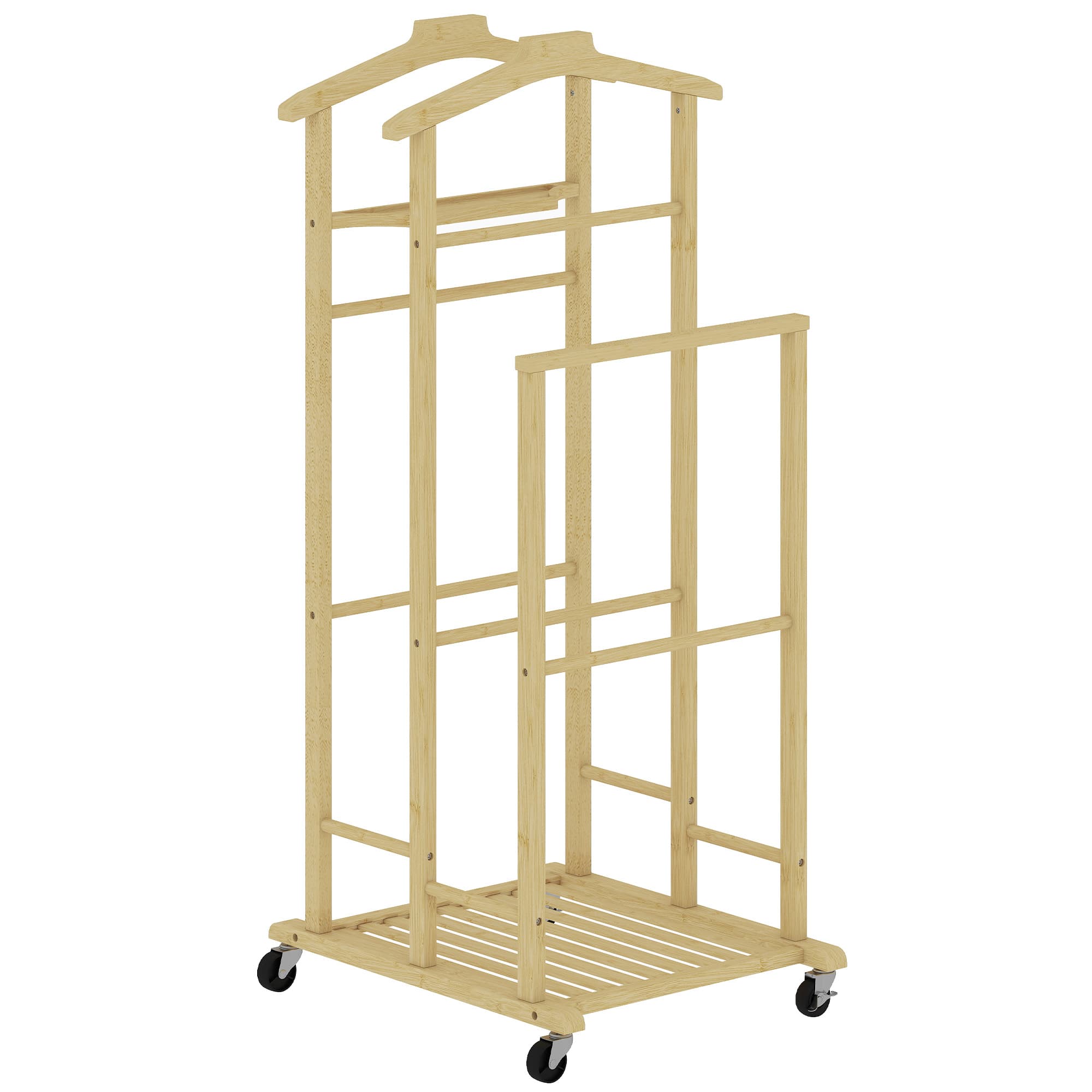 HOMCOM Valet de chambre à roulettes, portant à vêtements en bambou, cintres, barres de suspension, plateau et étagère, chêne