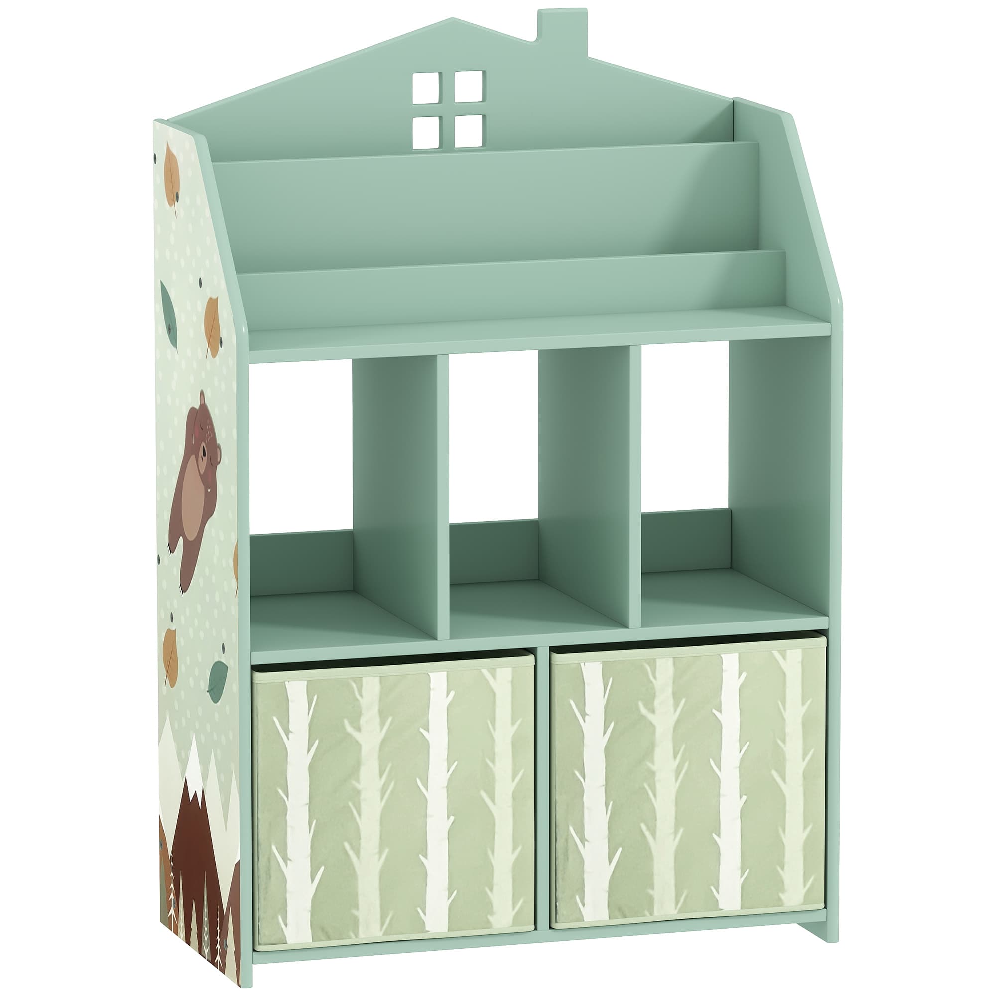 AIYAPLAY Meuble rangement enfant, bibliothèque enfants avec étagères ouvertes et 2 tiroirs en tissu, MDF, vert