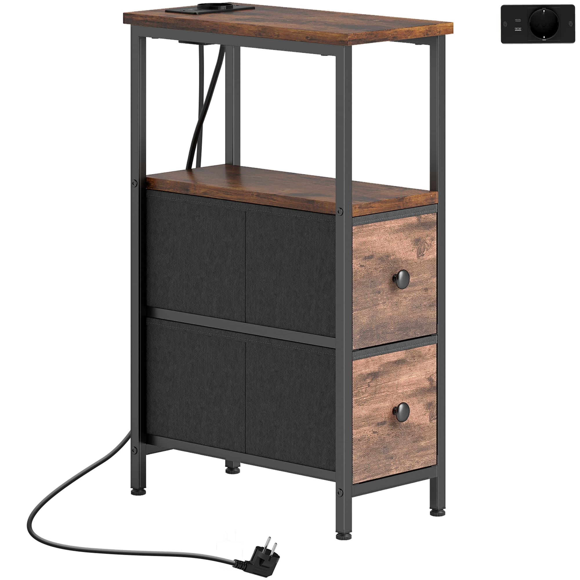 HOMCOM Table d'appoint avec station de charge, table de salon étroite avec 2 tiroirs en tissu, étagère ouverte, brun rustique