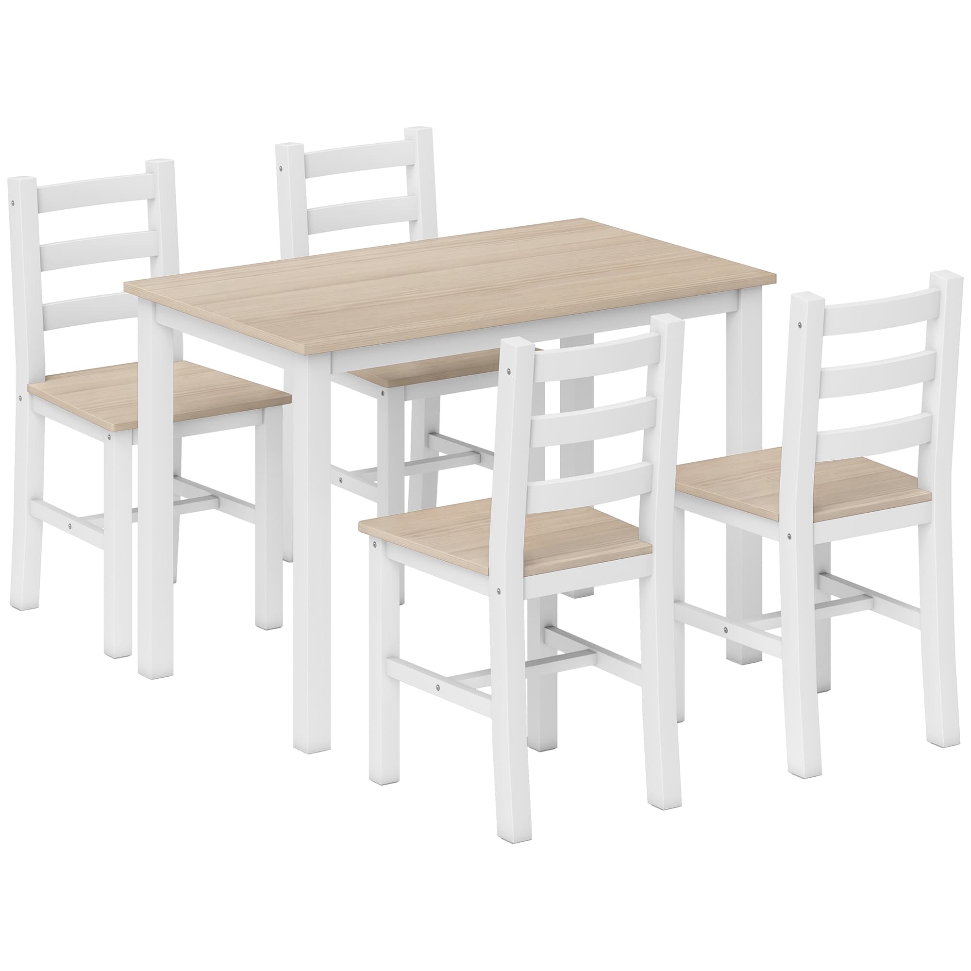 HOMCOM Ensemble repas 5 pièces pour 4 personnes, table de style campagne et chaises en bois massif, Naturel/Blanc