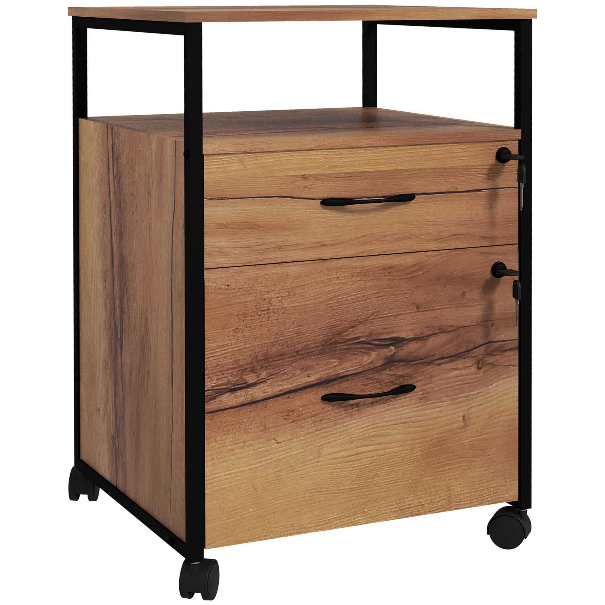 Vinsetto Caisson bureau mobile avec 2 tiroirs, meuble rangement bureau sur roulettes avec barres pour dossiers, marron