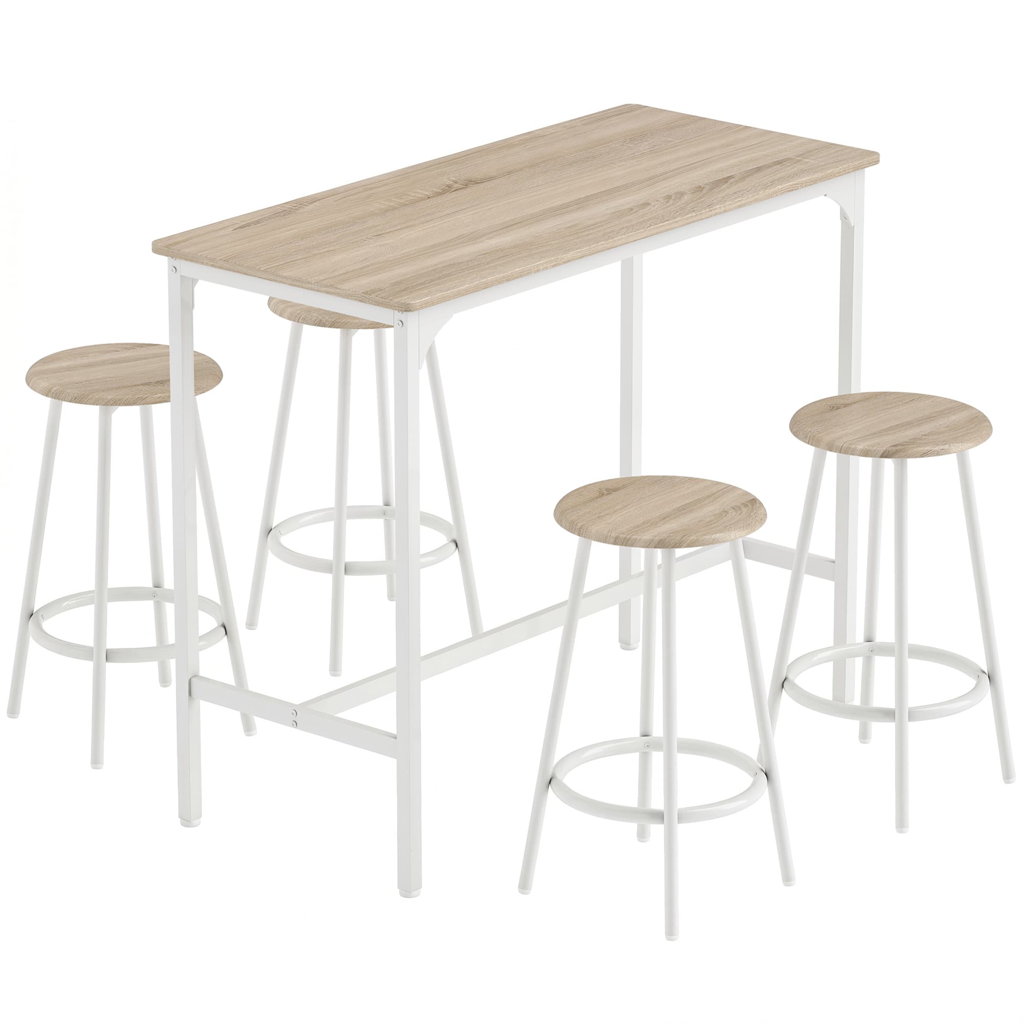 HOMCOM Ensemble table de bar 5 pièces pour 4 personnes, table haute de style industriel avec tabourets pour cuisine & salle à manger, chêne