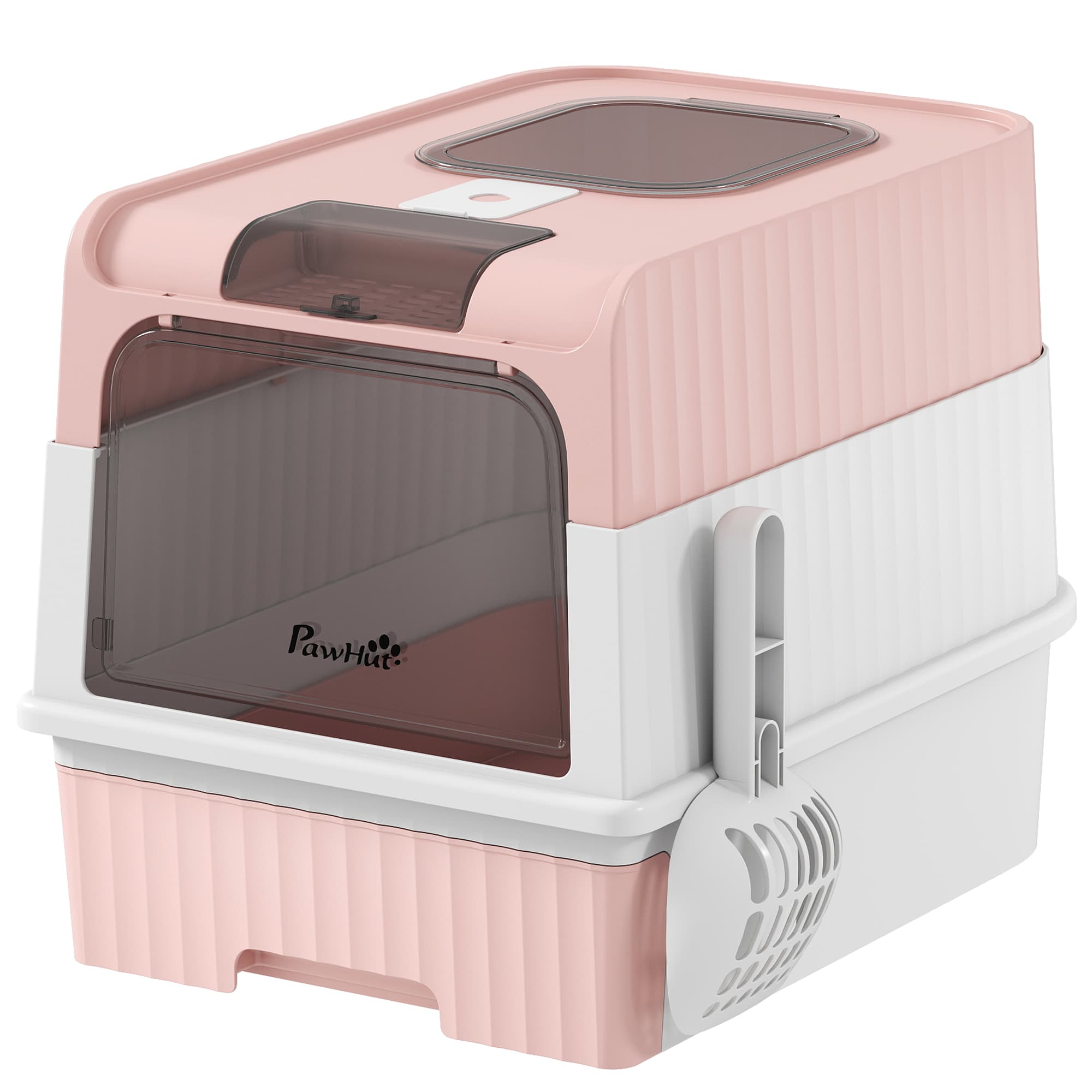 PawHut Bac à Litière Fermé M avec Couvercle, Bac Extractible, Pelle, 4 Sachets Désodorisants, Rose