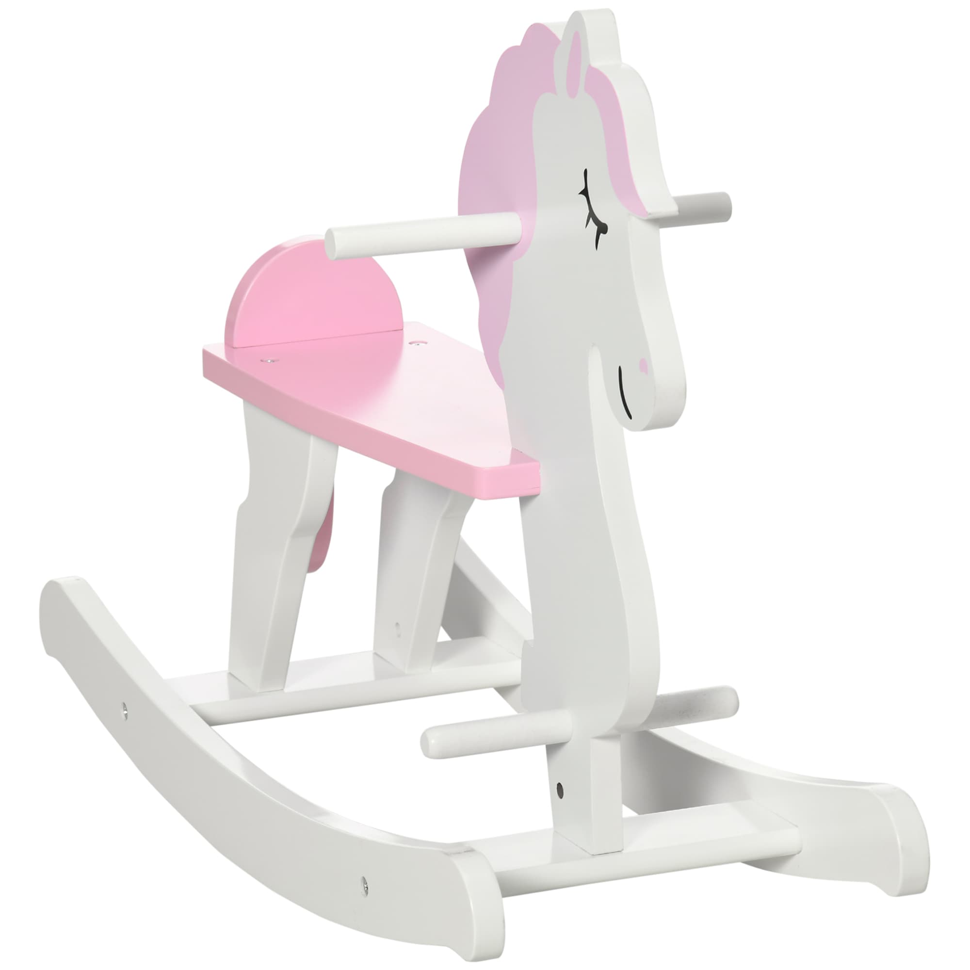 HOMCOM Animaux à bascule en bois pour enfant de 1 à 3 ans poignées repose-pied butées 68 x 27 x 46,5 cm blanc et rose