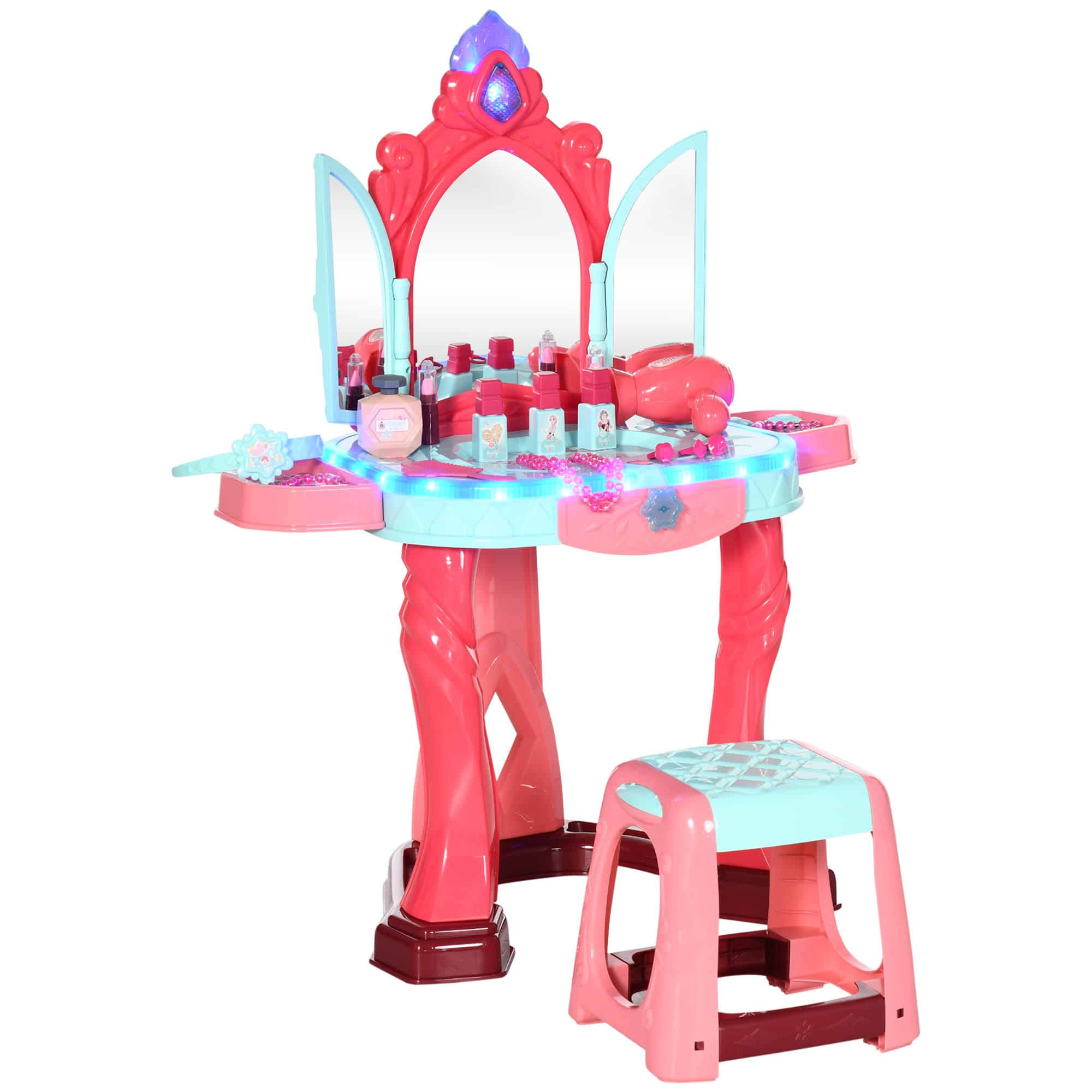 AIYAPLAY Coiffeuse Enfant Fille avec Tabouret, Miroir, Lumière, Musique, Accessoires, 3-6 Ans, 57x34x76cm, Multicolore