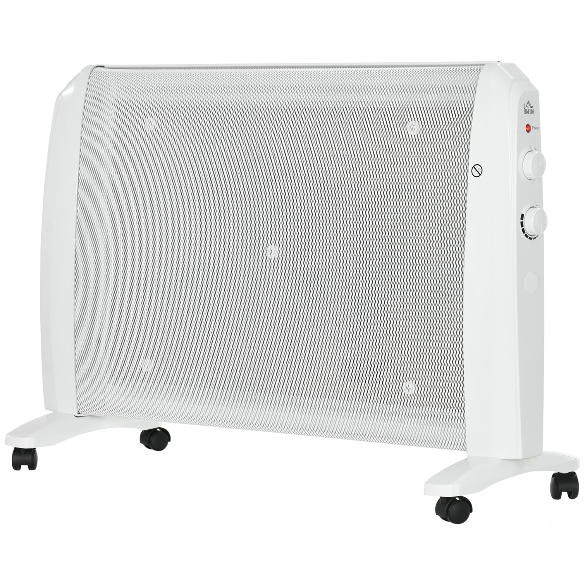 HOMCOM Radiateur électrique à mica 1000W/2000W avec thermostat réglable, 4 roulettes, 15-20 m2, Blanc