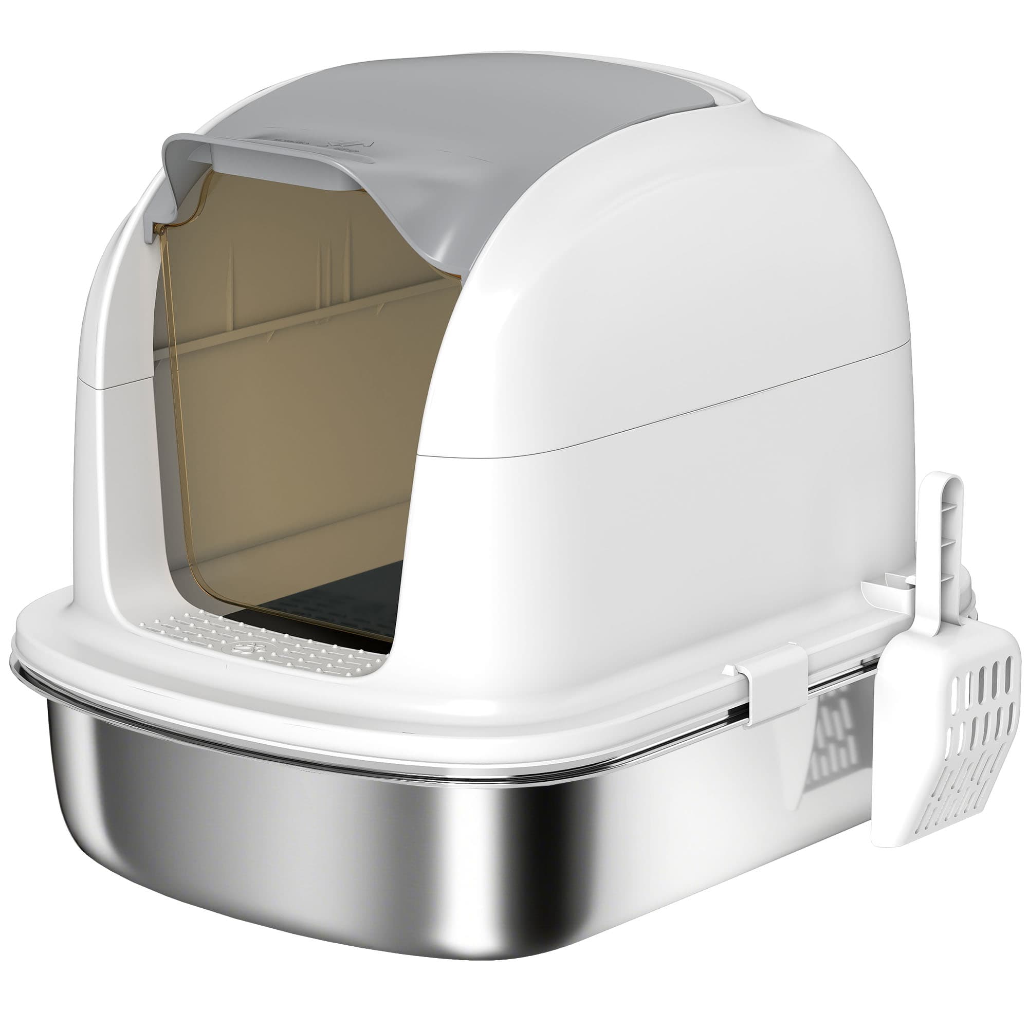 PawHut Bac à Litière pour Chats XL en Acier Inoxydable avec Couvercle, Boîte Fermée pour Grands Chats, Pelle Incluse, Facile à Nettoyer